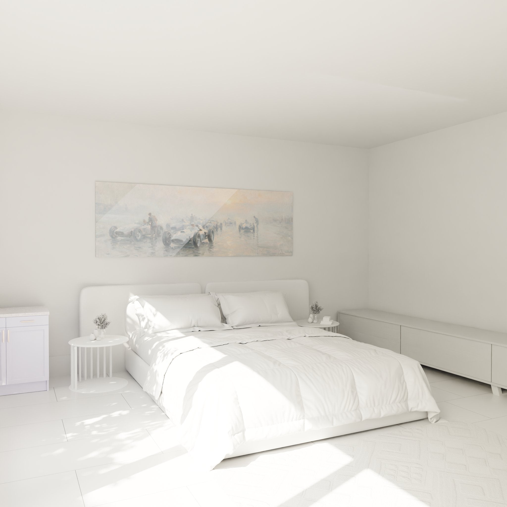 Decoration murale F1 vintage dans chambre moderne, tableau course automobile sous atmosphere doree et brumeuse