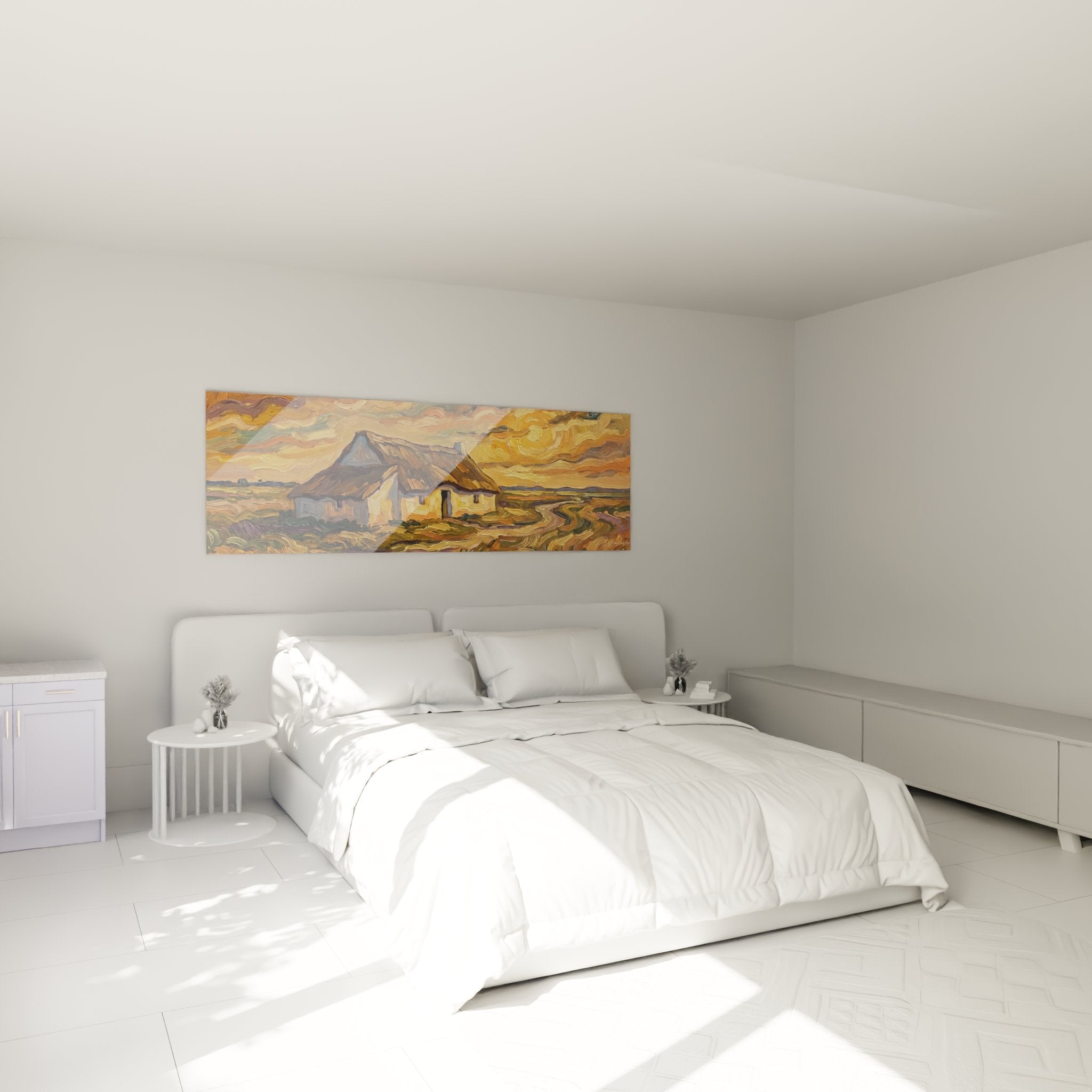 Tableau mas provençal dans chambre moderne, décoration murale style méditerranéen, ambiance chaleureuse