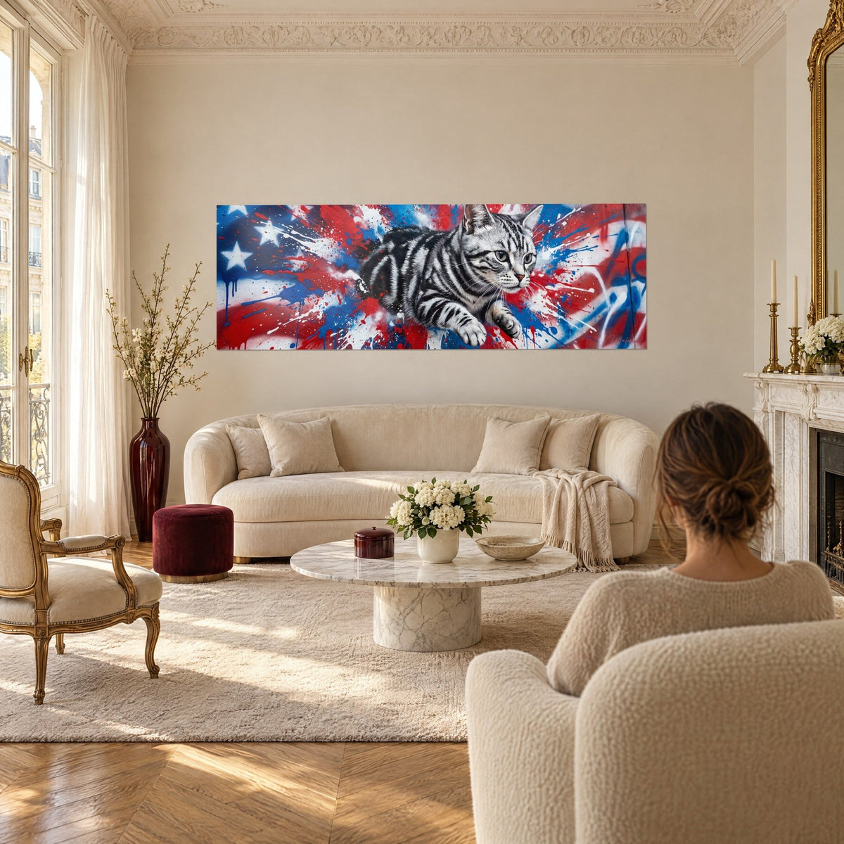 Schilderij van een zilvergrijze gestreepte kat die springt door rode, blauwe en witte verfspatten, boven een bank in een lichte woonkamer