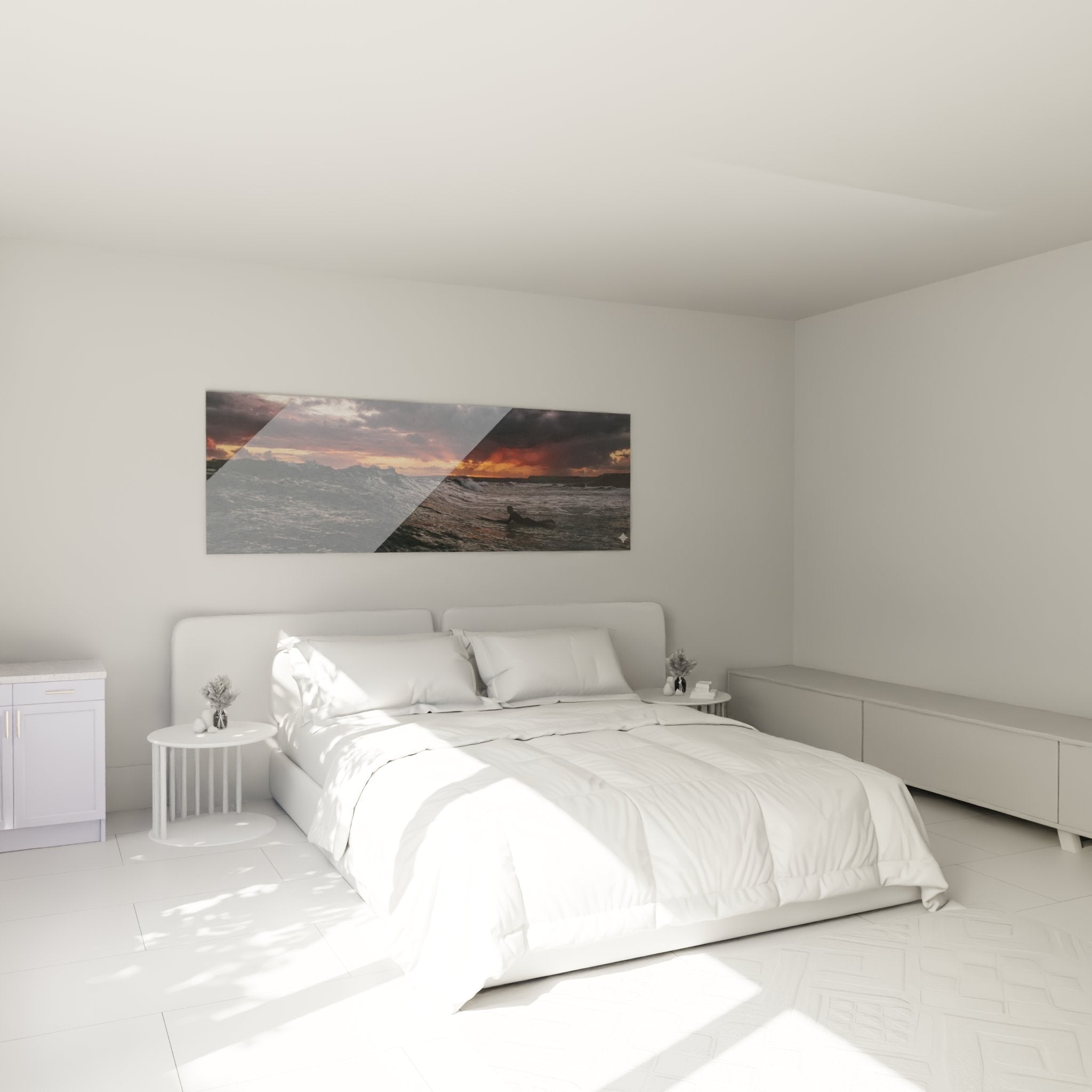 Surf wall decoration in modern bedroom - surfer painting sunset warm ambiance