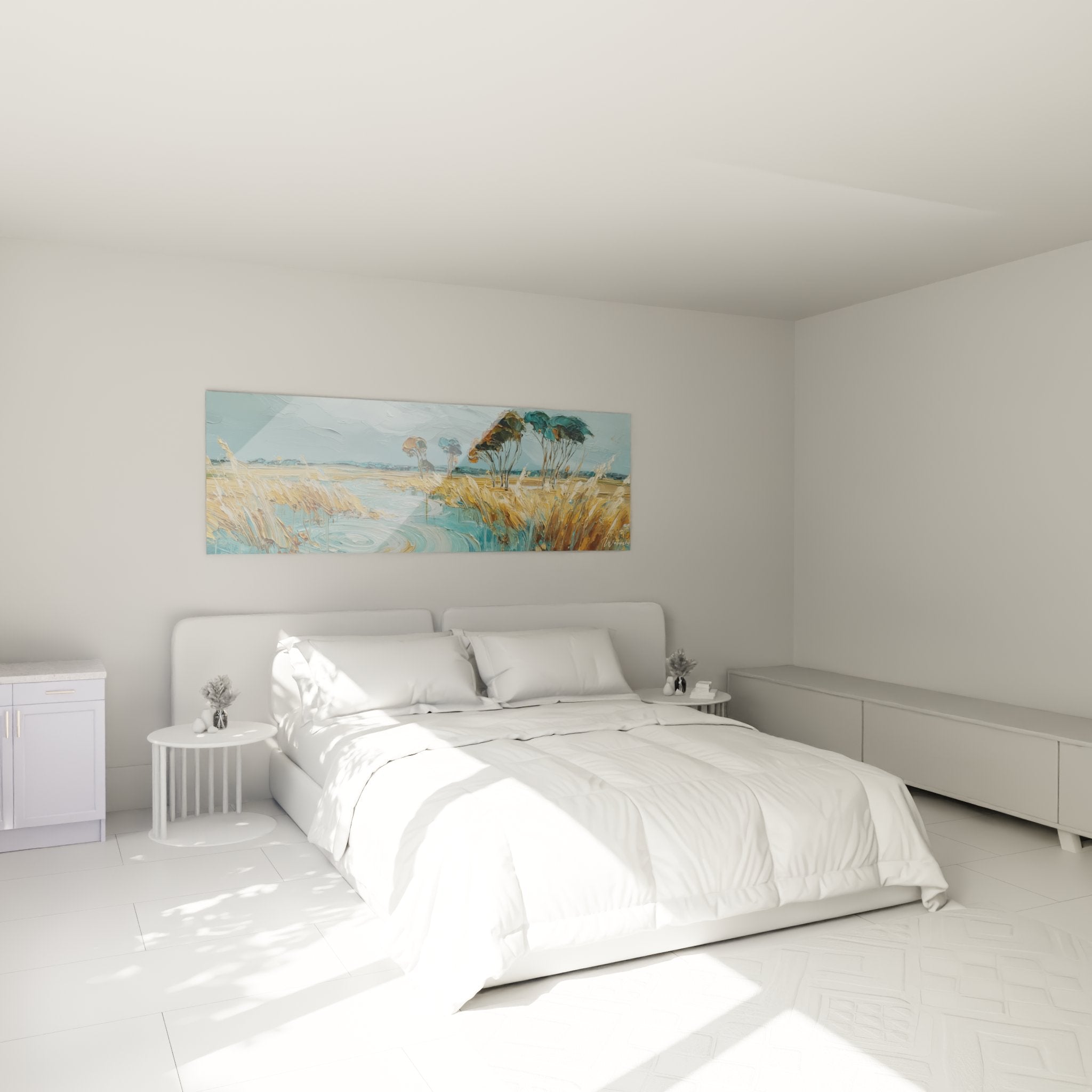 Décoration murale chambre avec tableau étang Camargue, ambiance naturelle et apaisante tons pastels