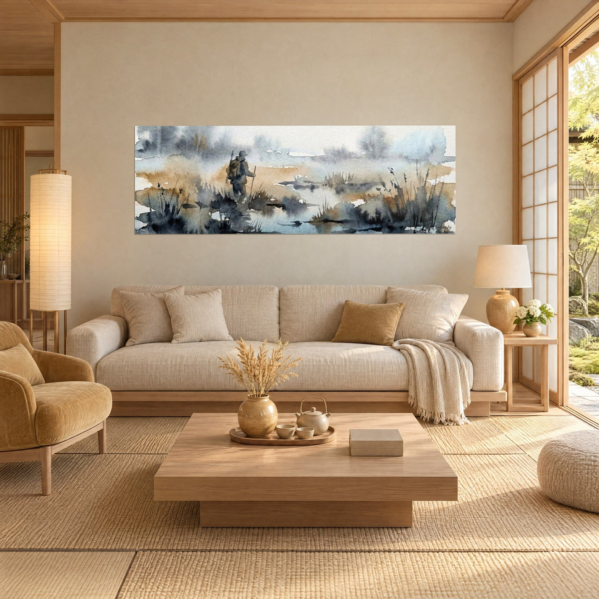 Quadro cacciatore con zaino che costeggia una palude nebbiosa, bruni ocra e blu grigi, sopra un divano in un soggiorno luminoso