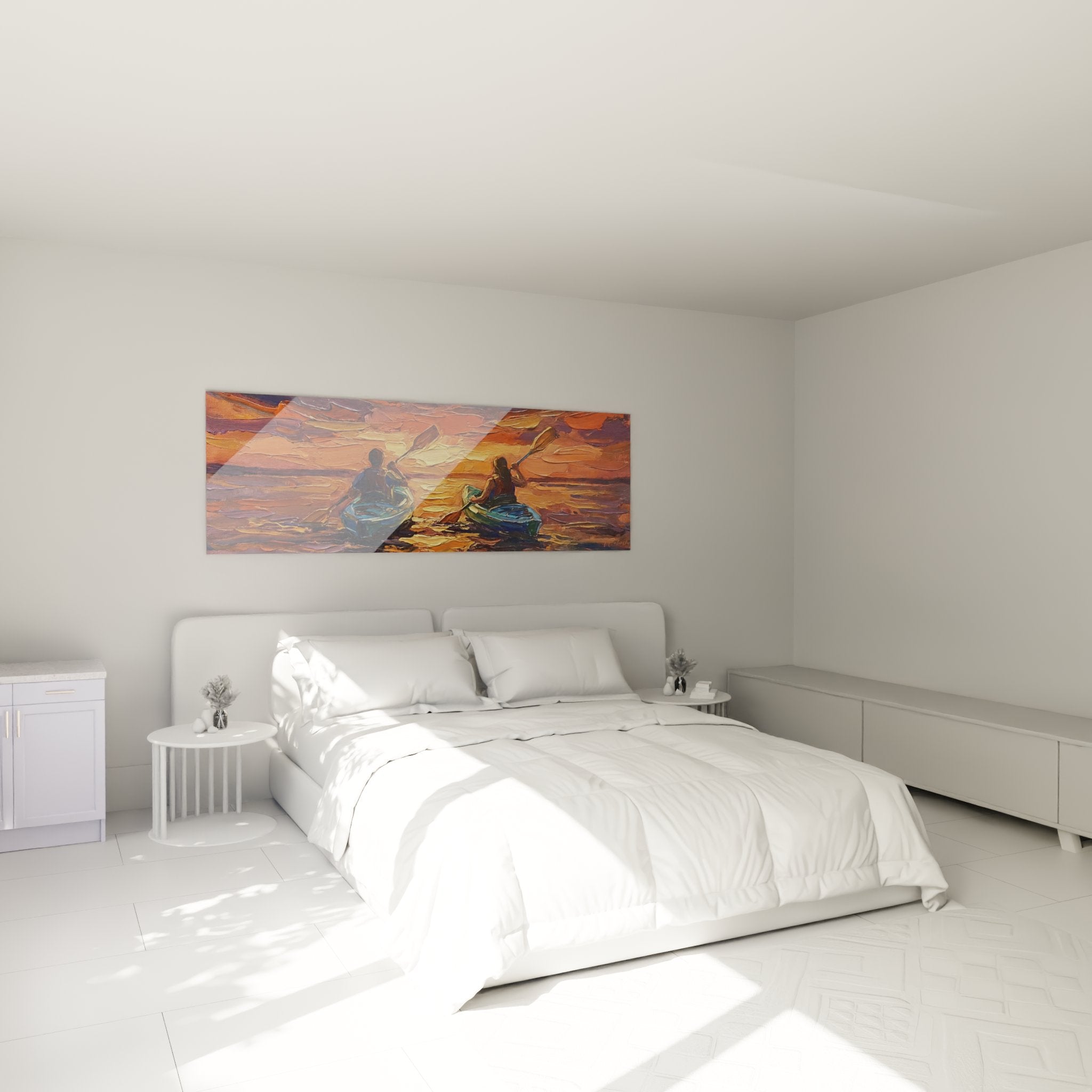 Decoration murale kayak coucher soleil dans chambre moderne, ambiance chaleureuse art nautique