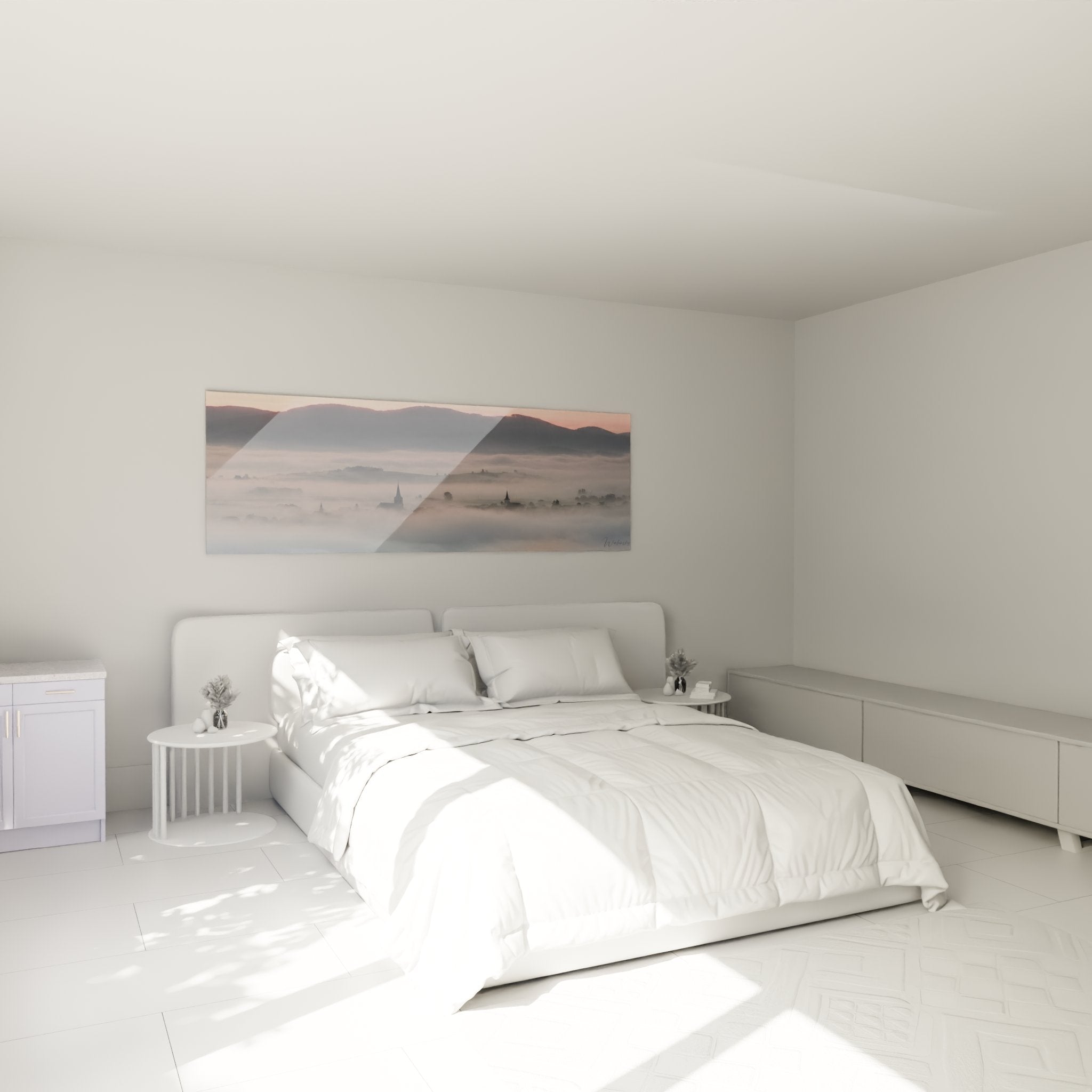 Decoration murale tableau paysage alsacien brumeux dans une chambre moderne avec ambiance douce et apaisante