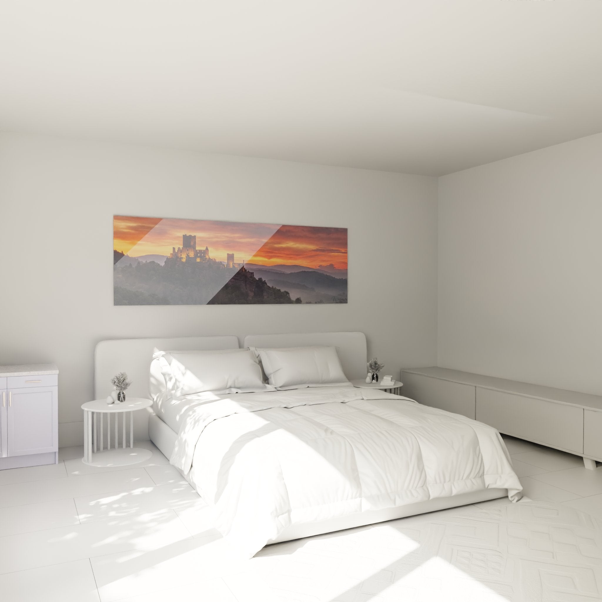 Château médiéval alsacien décorant une chambre moderne avec éclairage ambré au coucher de soleil