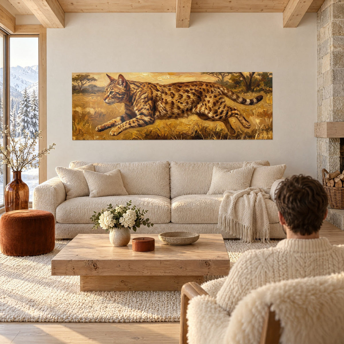Tableau félin tacheté bondissant dans la savane dorée, fourrure ocre et bruns, chalet, au-dessus d'un canapé dans un salon lumineux