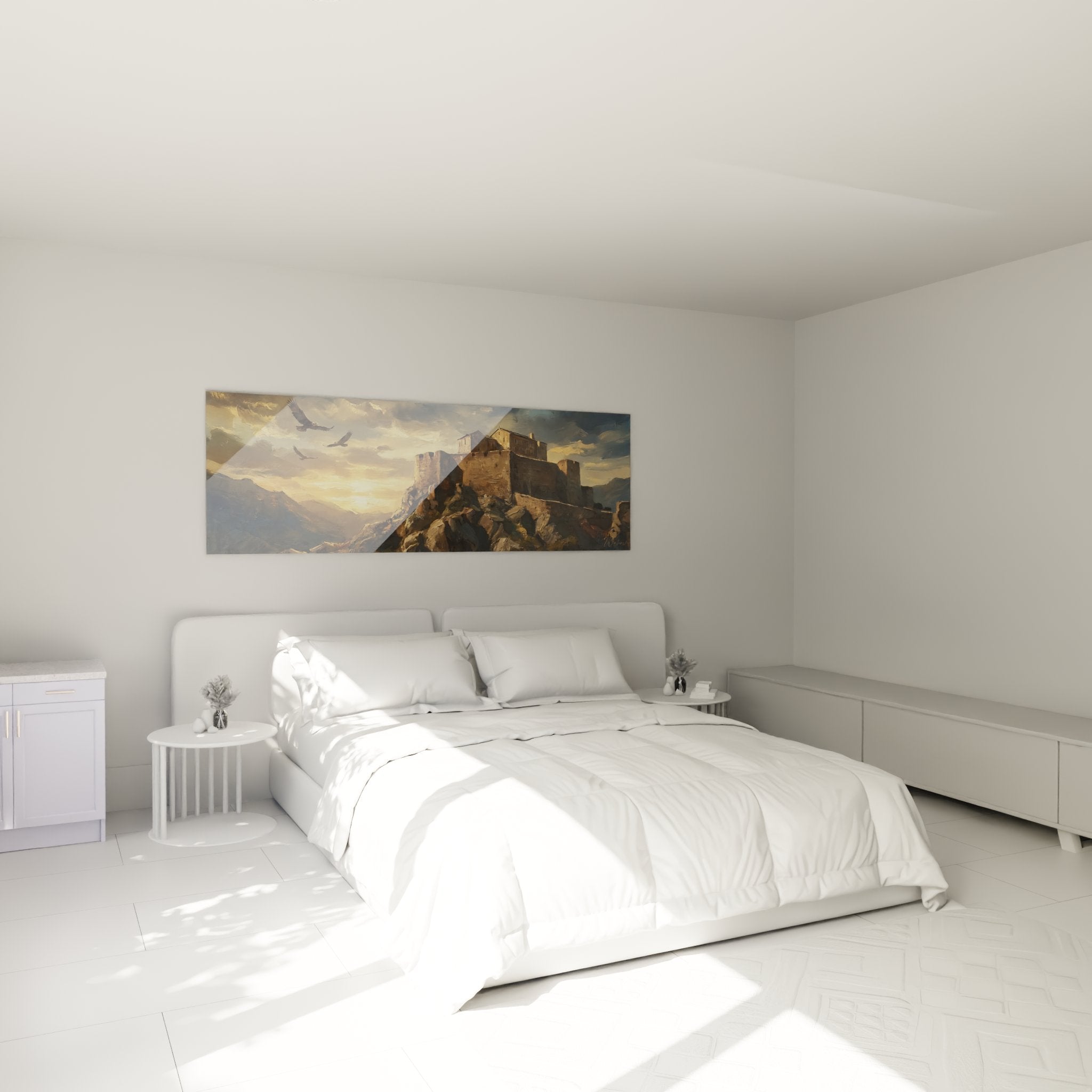 Decoration murale citadelle corse dans chambre avec forteresse historique au coucher de soleil ambiance chaleureuse