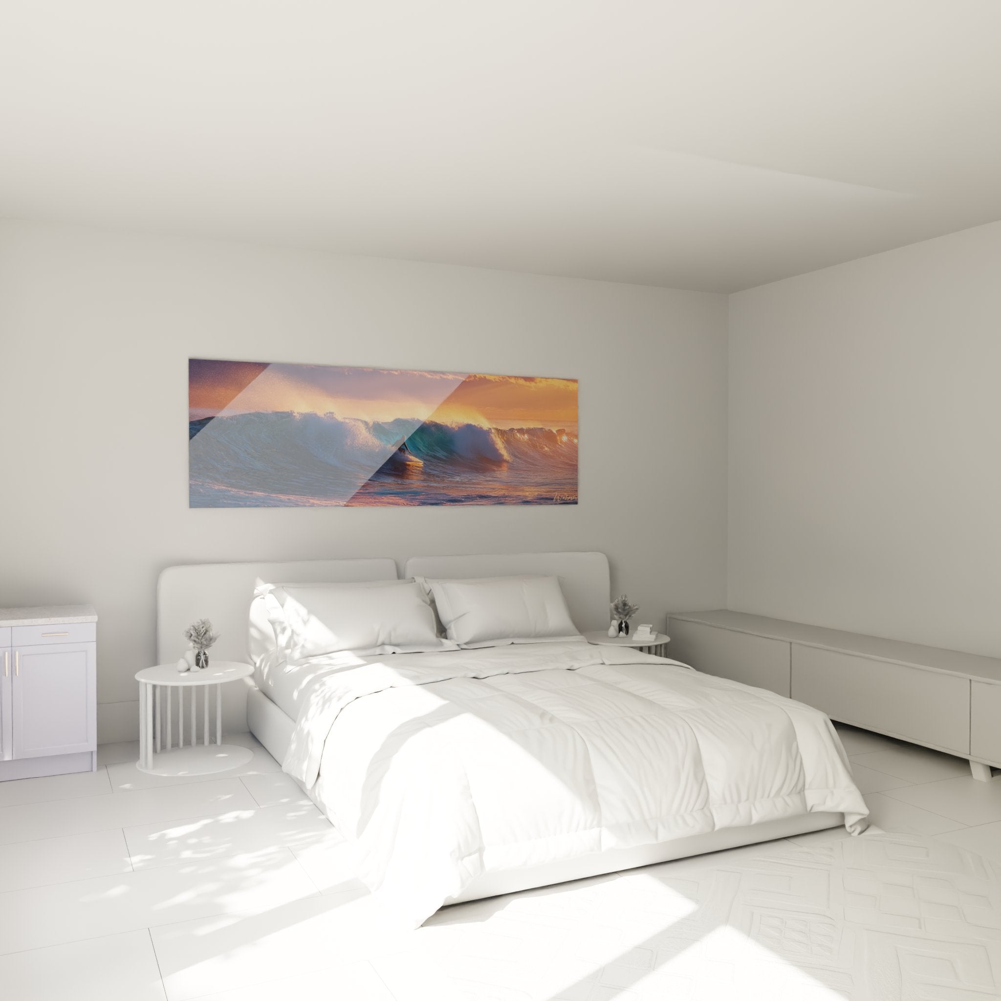 Tableau surf coucher de soleil dans chambre moderne - Décoration murale vagues dorées ambiance zen
