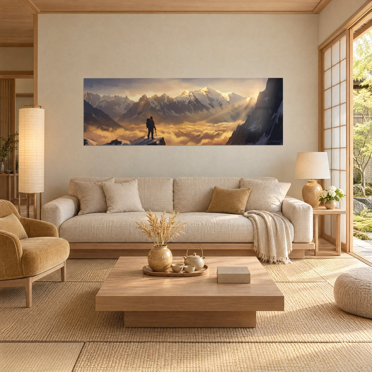 Tableau alpiniste de dos sur un rocher face aux cimes neigeuses, mer de nuages dorée et ciel gris, au-dessus d'un canapé dans un salon lumineux