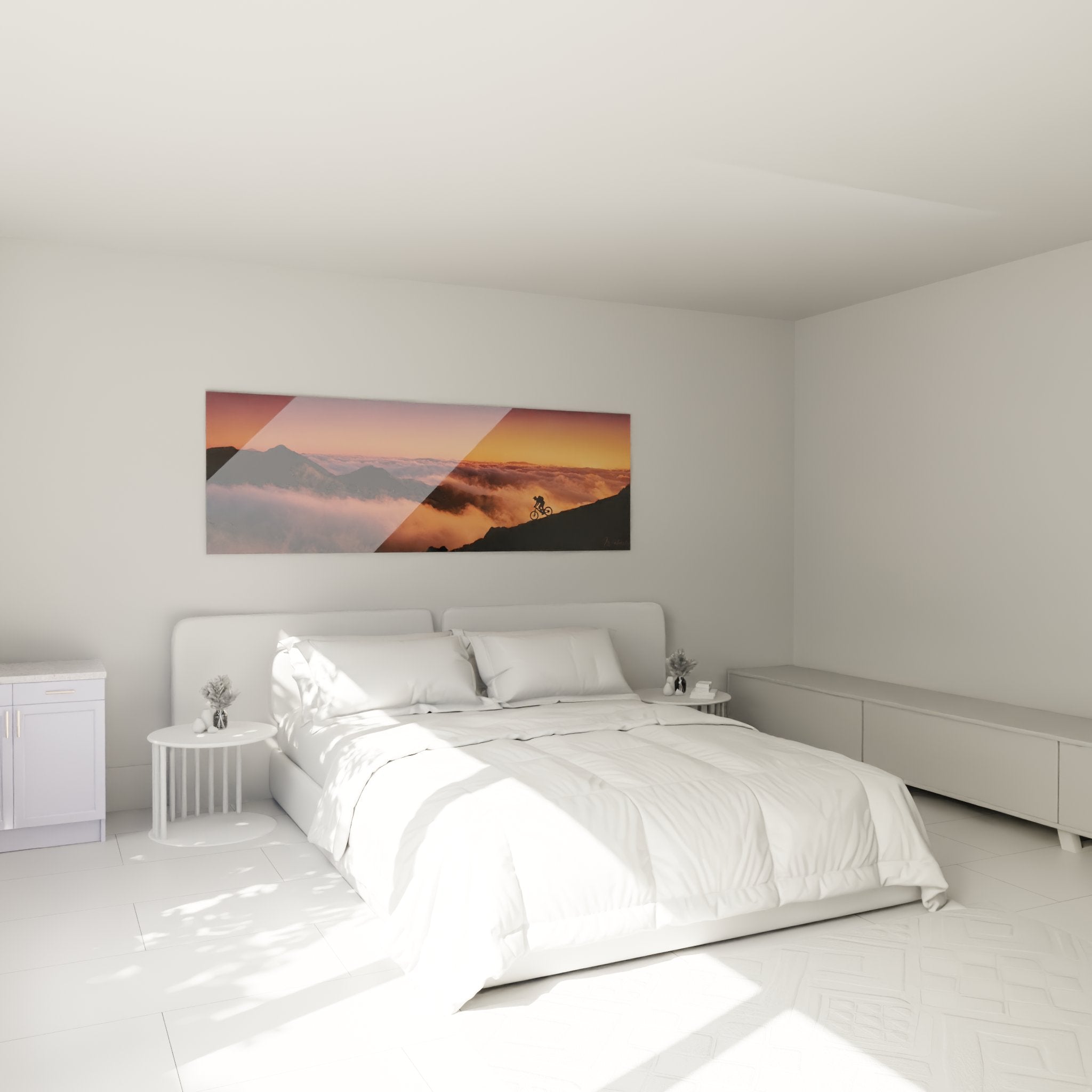 Tableau VTT montagne nuages dans chambre moderne, décoration murale cyclisme avec coucher de soleil orangé