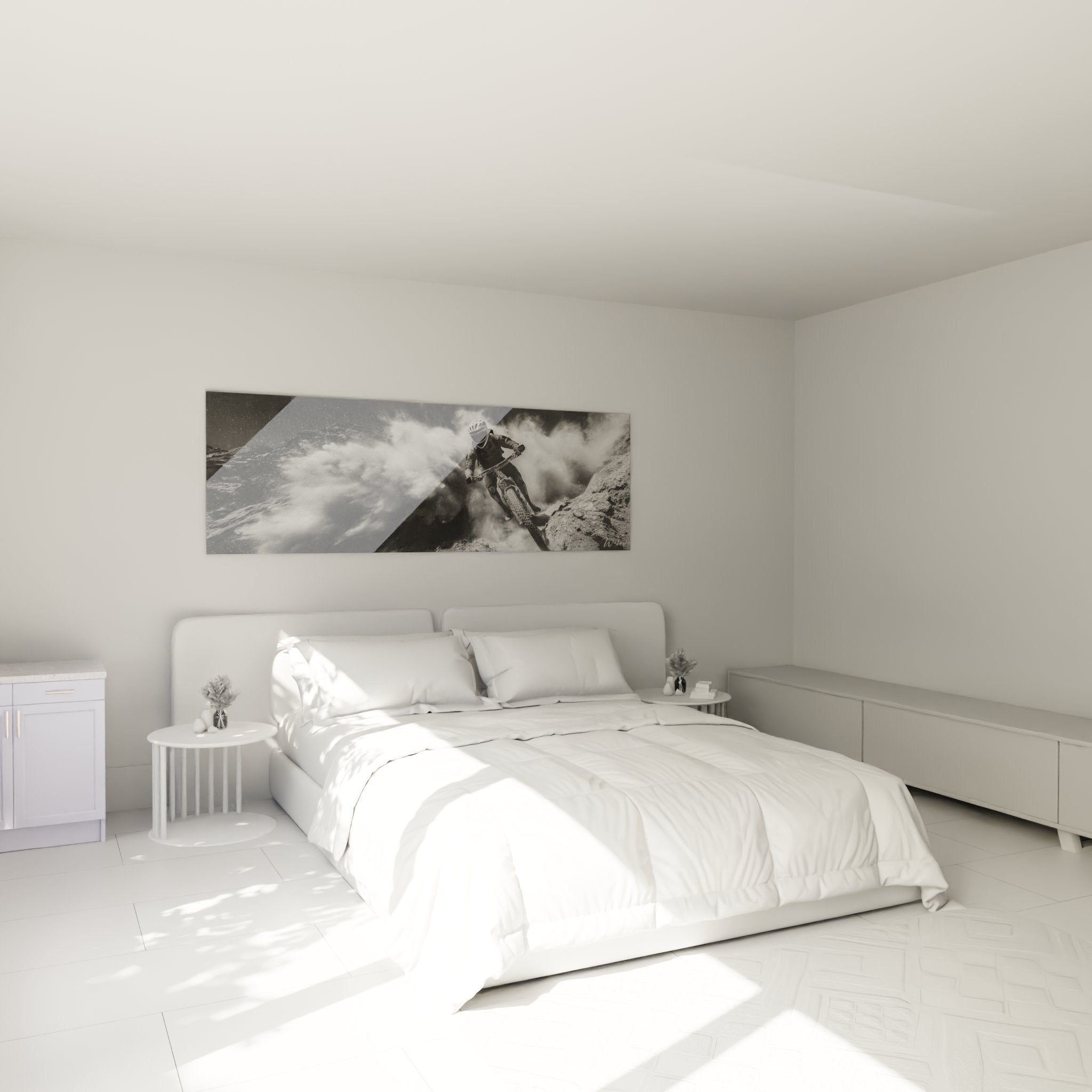 Décoration murale VTT descente poussiéreuse dans une chambre moderne avec ambiance sportive