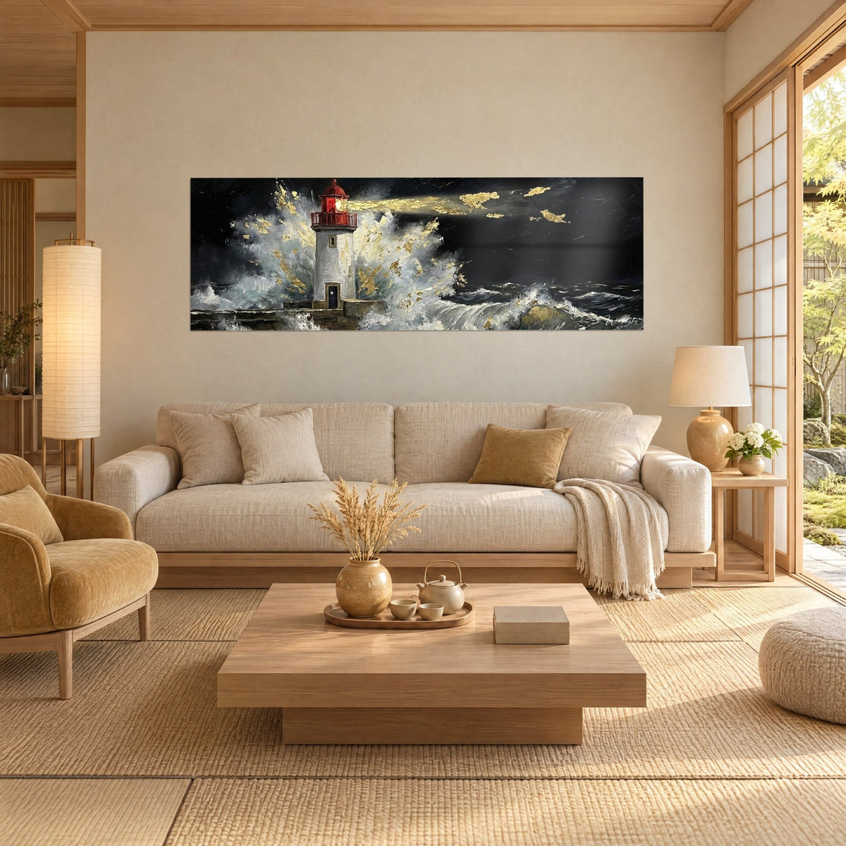 Quadro faro con lanterna rossa sommerso da una cascata di schiuma bianca e foglie d'oro, fondo nero, sopra un divano in un soggiorno luminoso