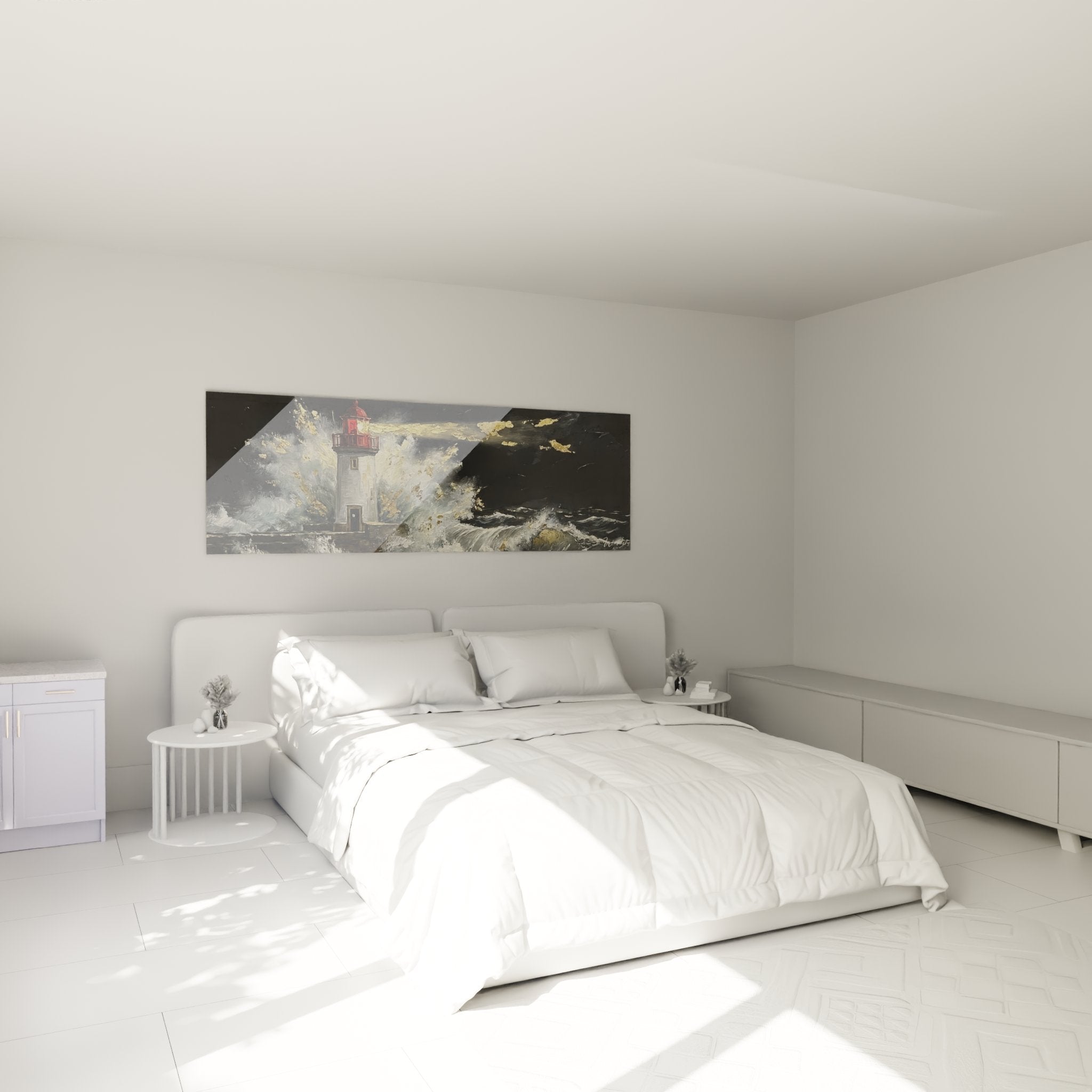 Décoration murale phare breton tempête dorée dans chambre moderne, ambiance maritime Bretagne