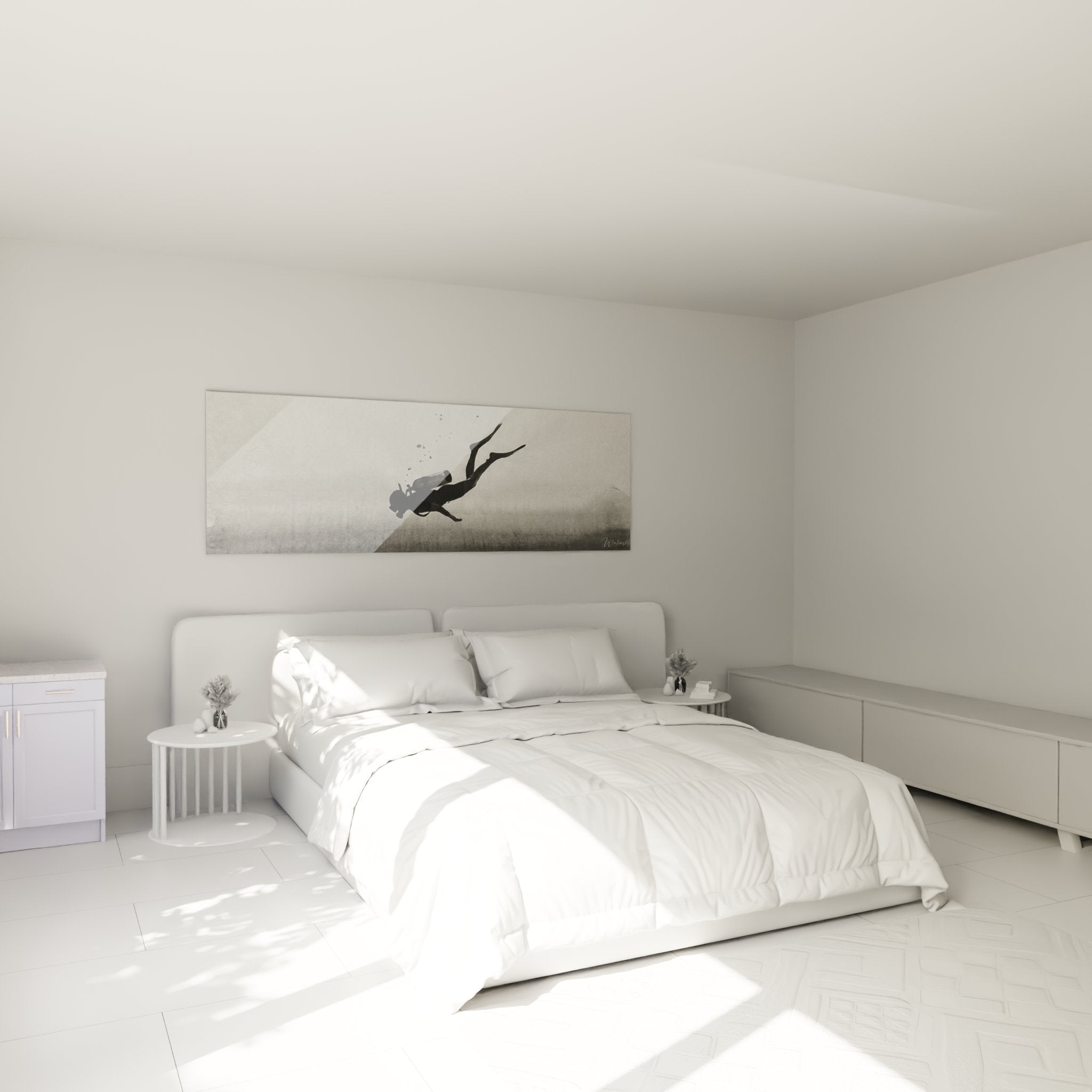 Décoration murale plongeur sous-marin dans chambre moderne, ambiance zen et aquatique