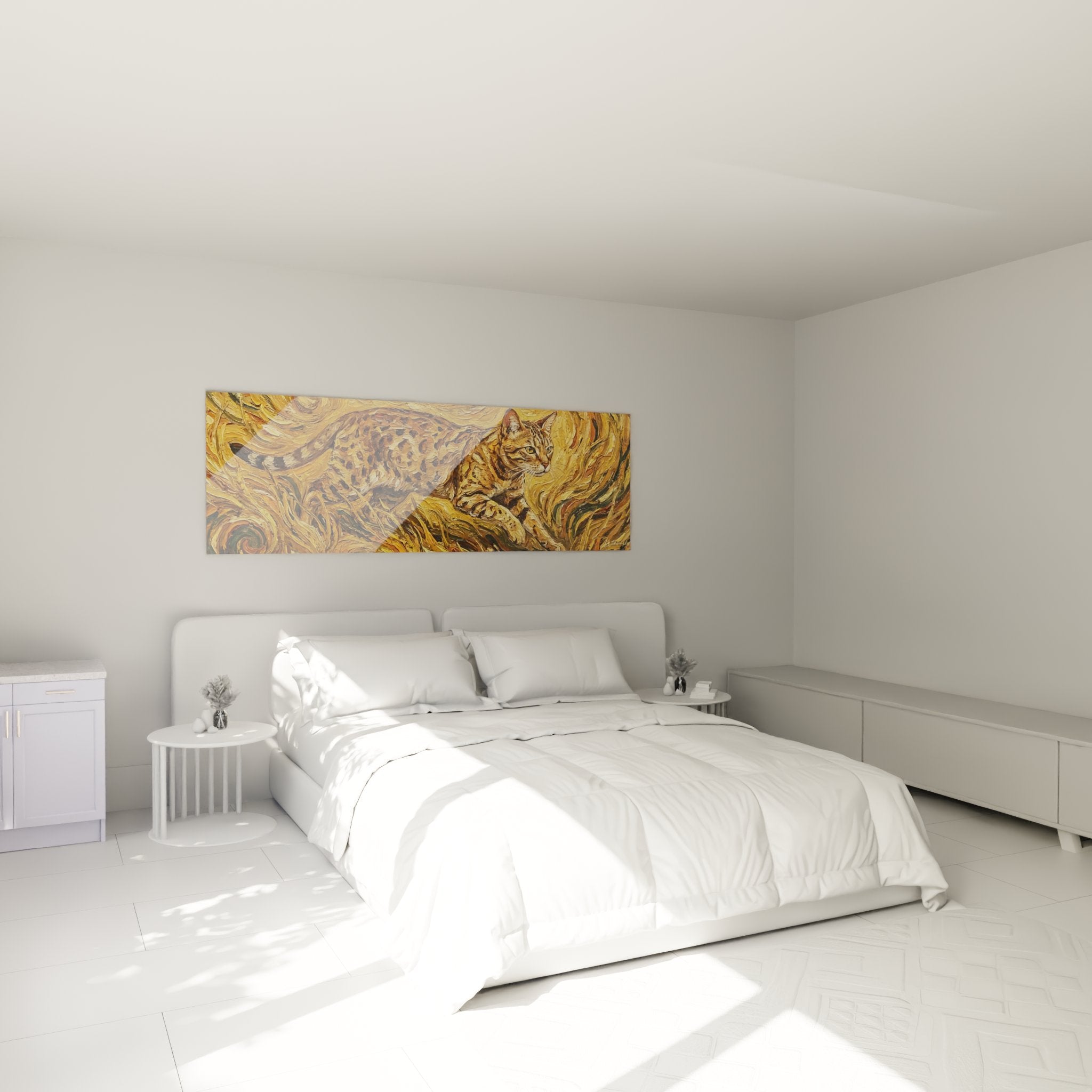 Tableau chat Ocicat impressionniste accroché dans chambre moderne avec décoration murale élégante