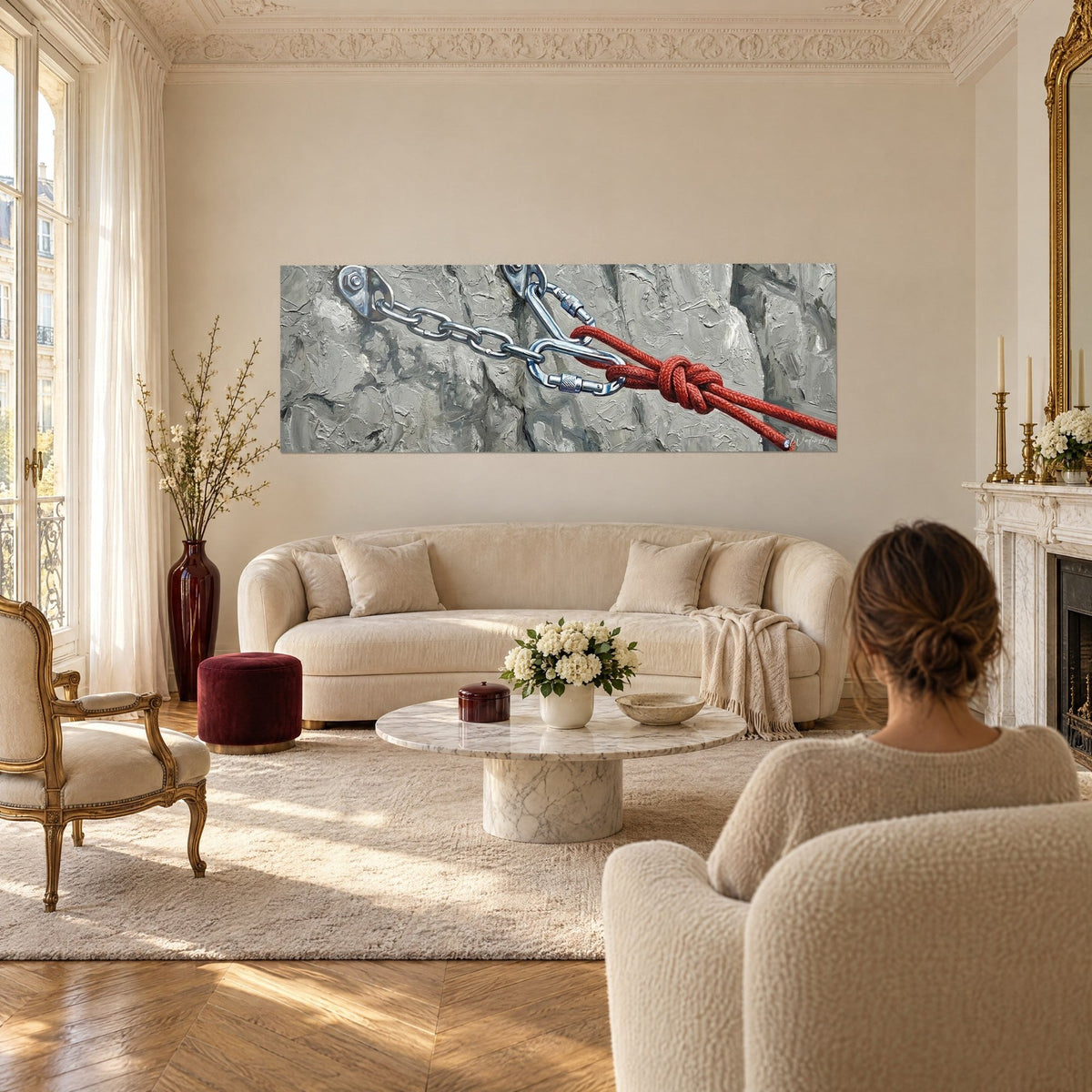 Schilderij zilveren karabijnhaak op anker en ketting, rood touw in een knoop, grijze rots bewerkt met spatel, lichte woonkamer