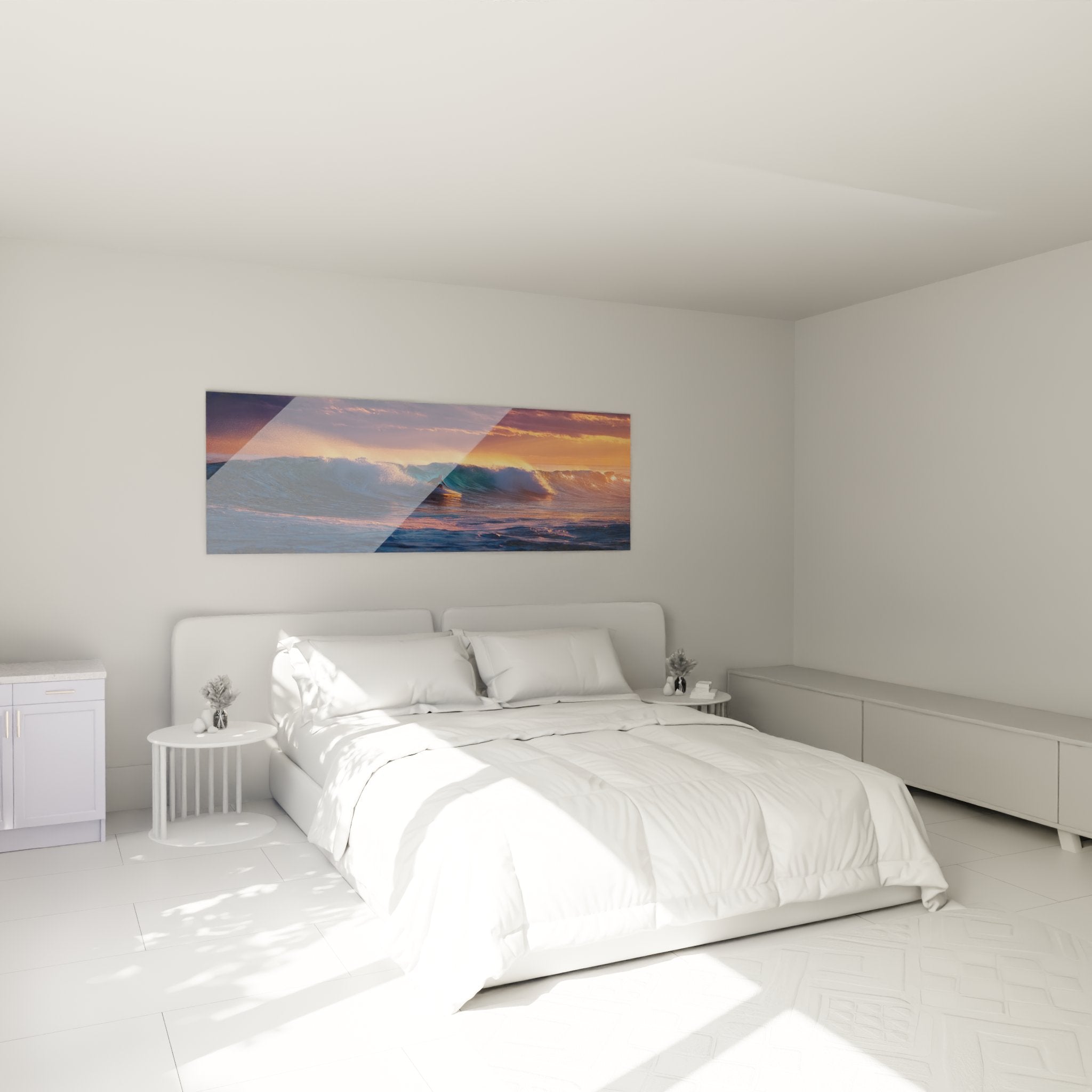 Surf wall art in modern bedroom with surfer painting sunset golden tube frame