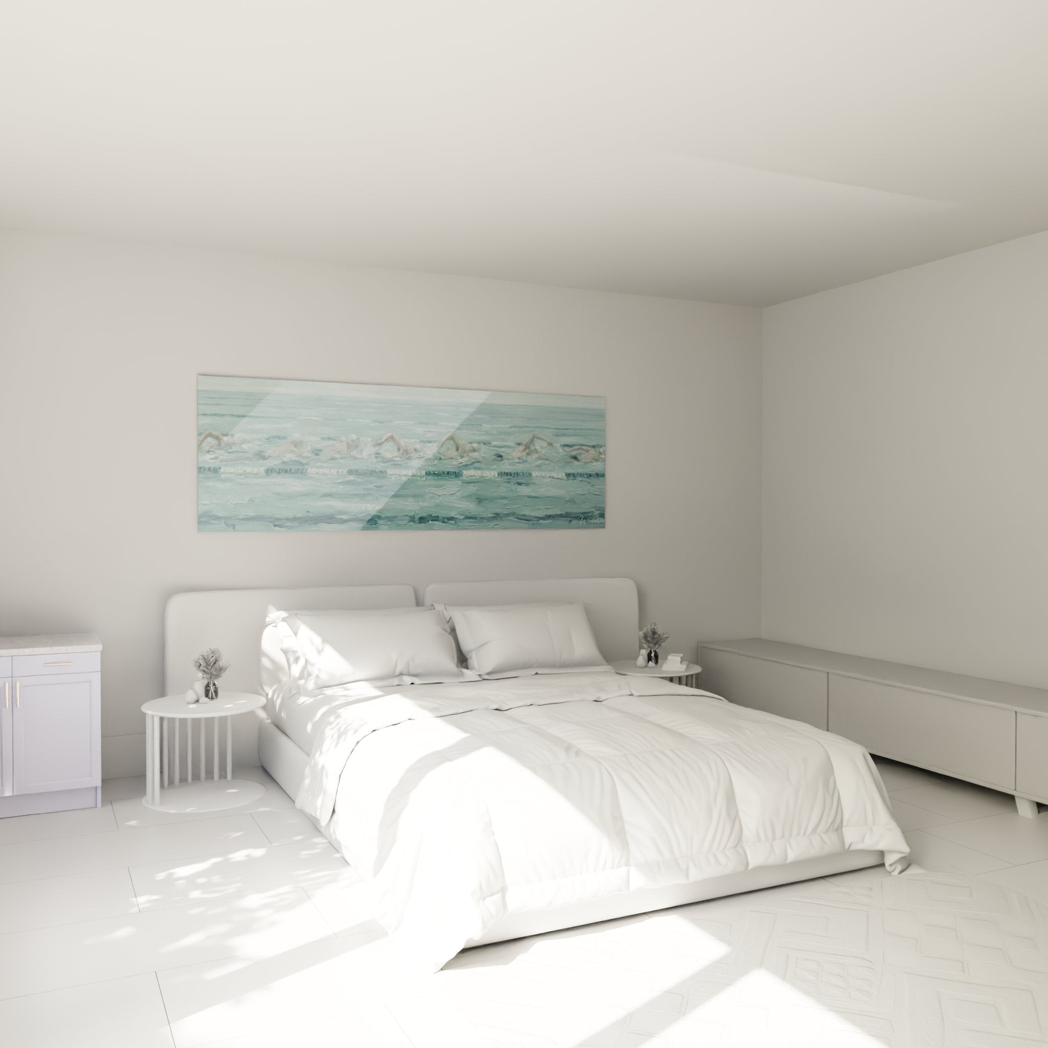 Tableau natation nageurs piscine décorant une chambre moderne avec palette aquatique apaisante
