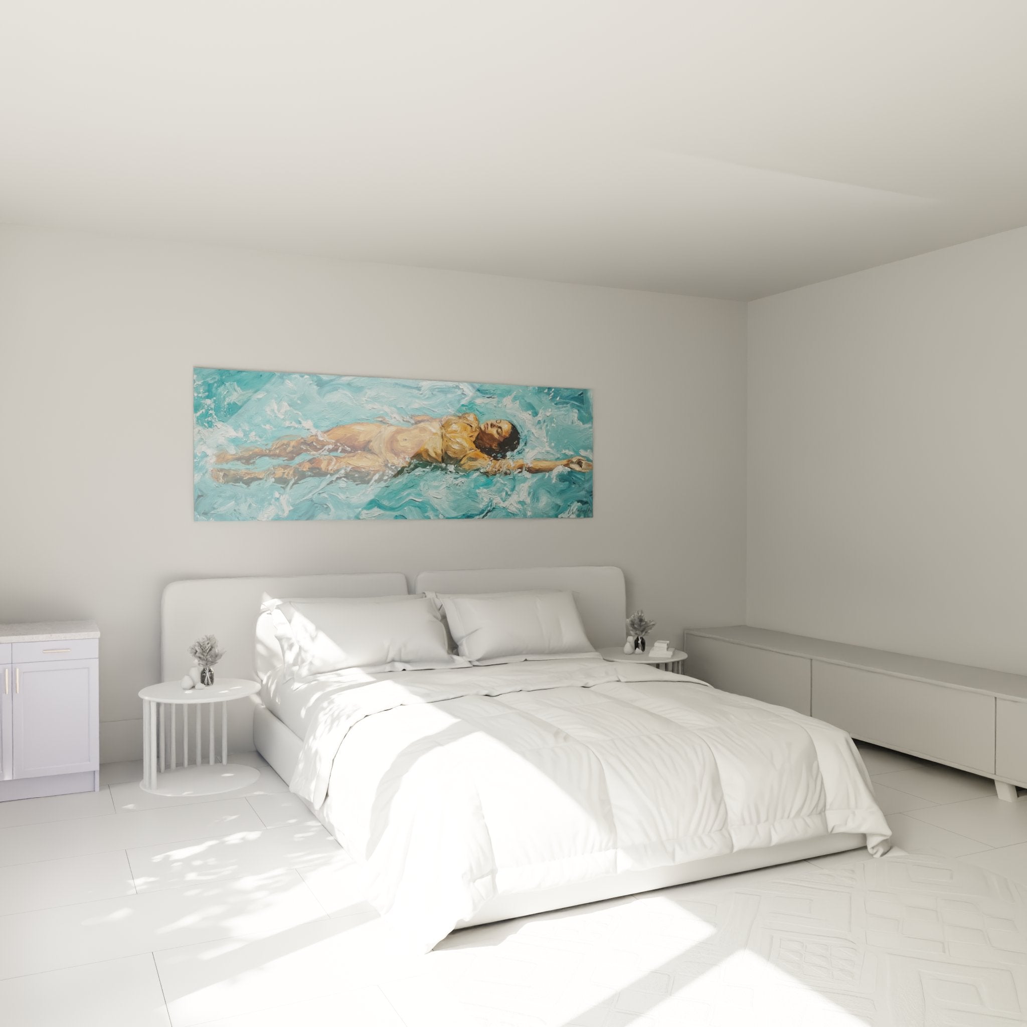 Décoration chambre avec tableau nageur eau bleue ambiance zen relaxante art mural sport aquatique