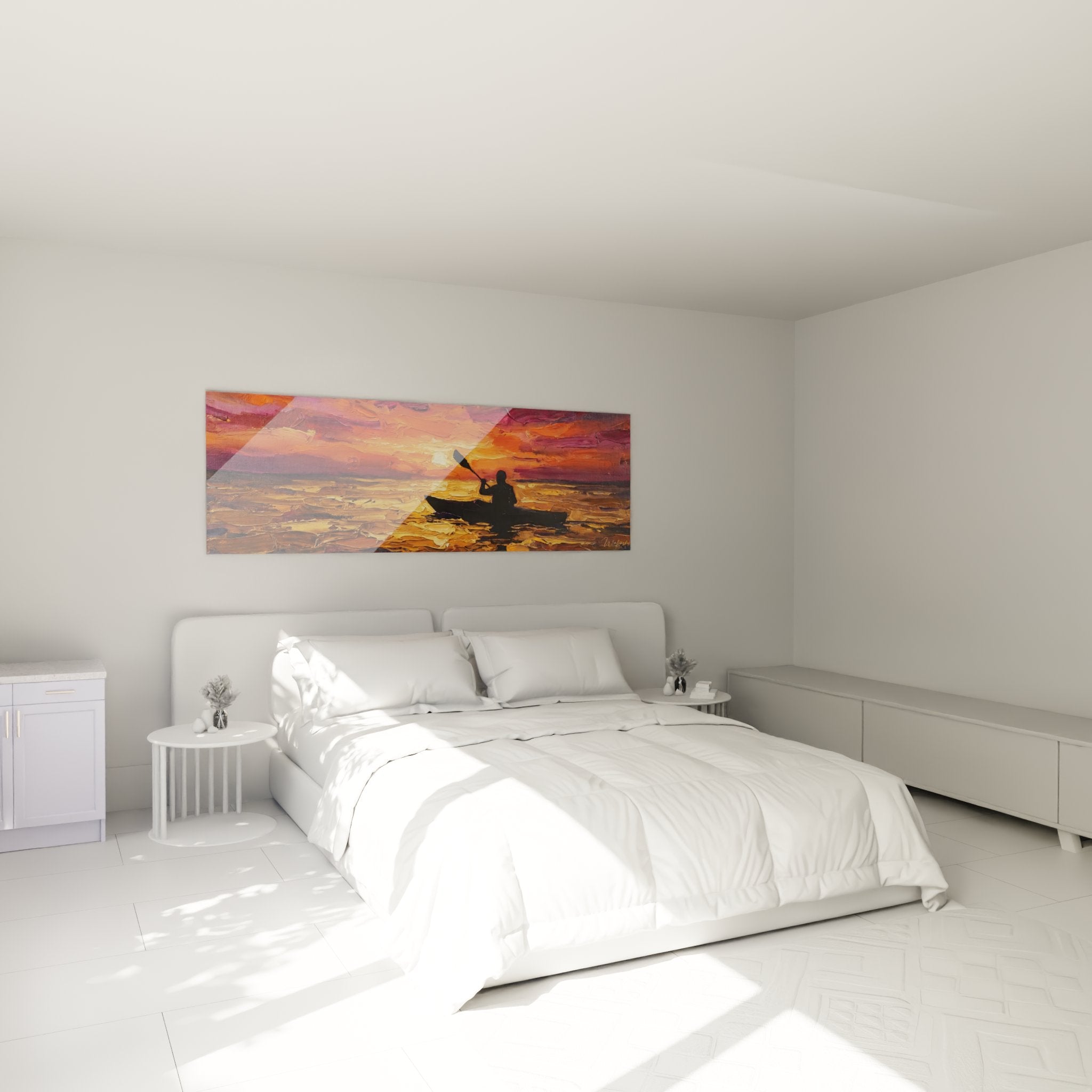 Decoration murale kayak coucher soleil dans chambre moderne, ambiance chaleureuse orangee et doree apaisante