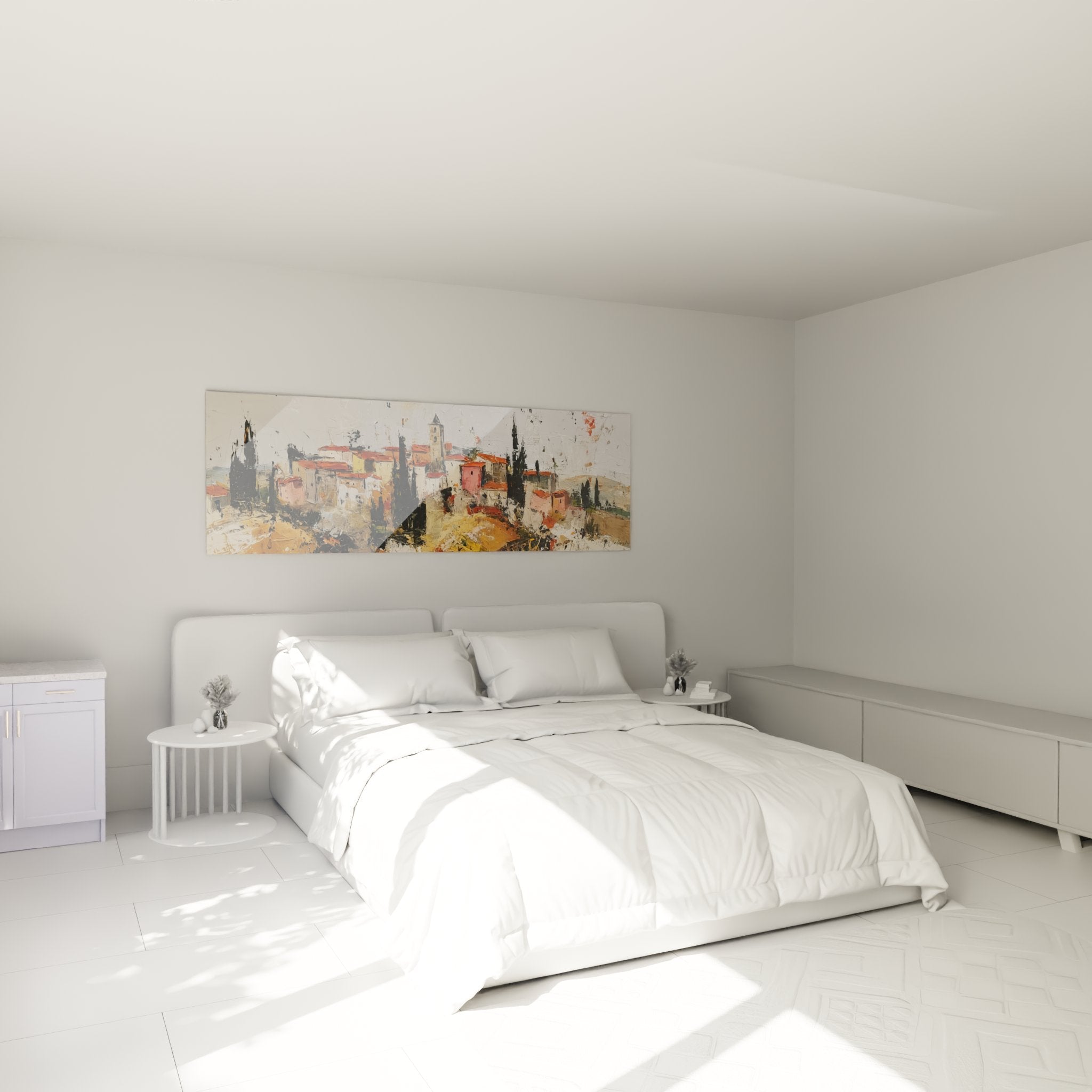 Tableau art provençal dans chambre moderne, village méditerranéen aux façades colorées, ambiance chaleureuse