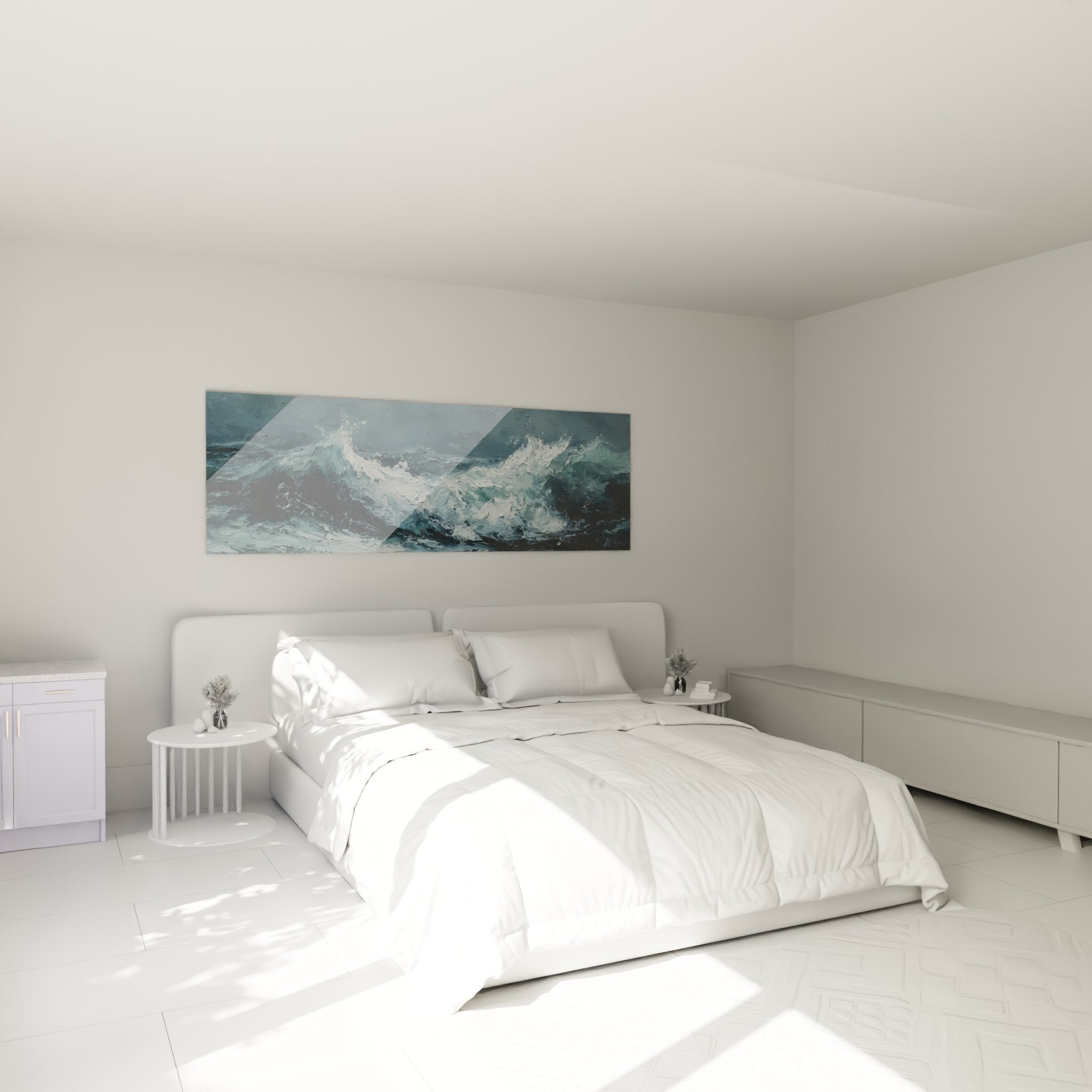 Tableau vagues tempête marine exposé dans chambre moderne, décoration murale océan Normandie élégante