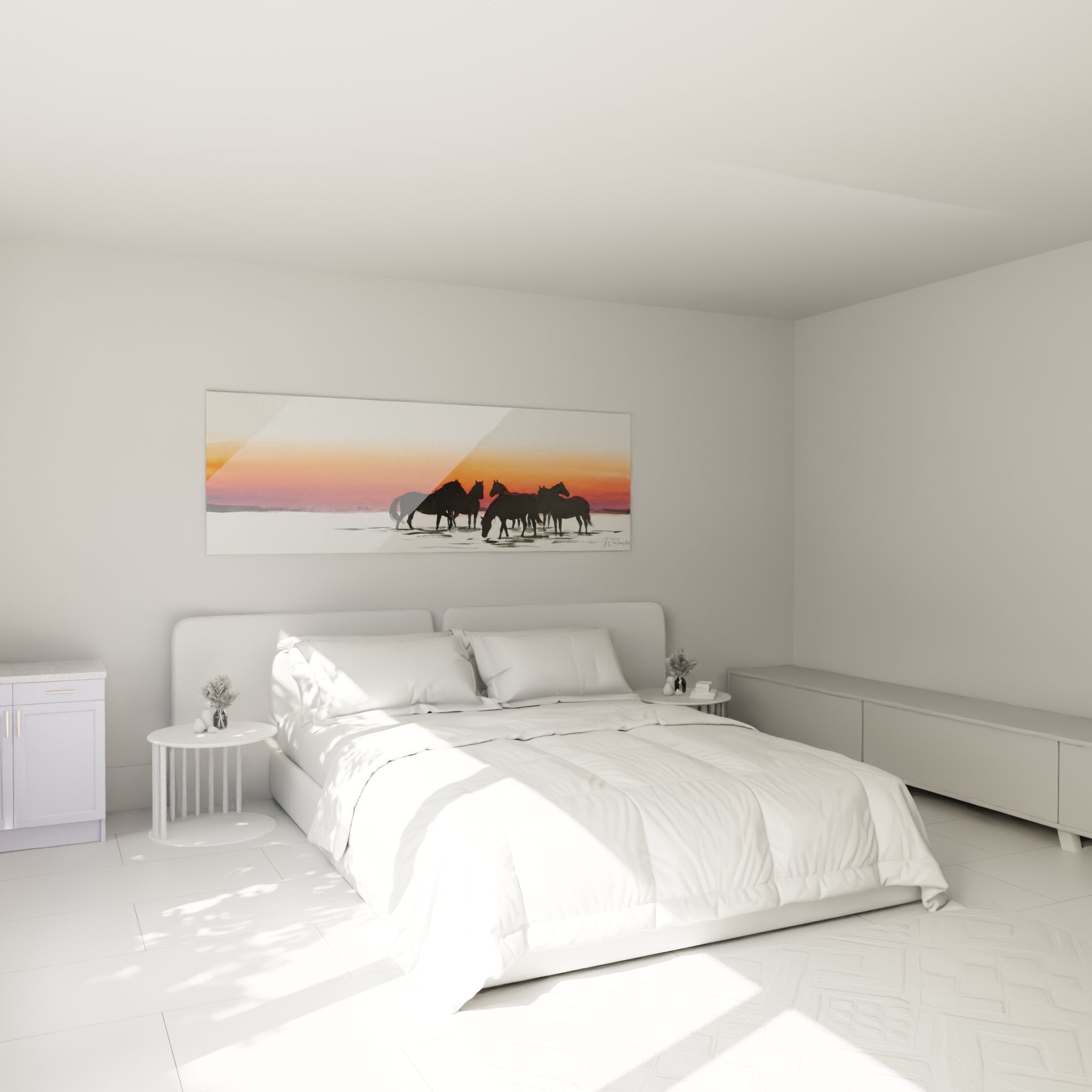 Decoration chambre avec tableau chevaux Camargue coucher soleil, ambiance chaleureuse et apaisante