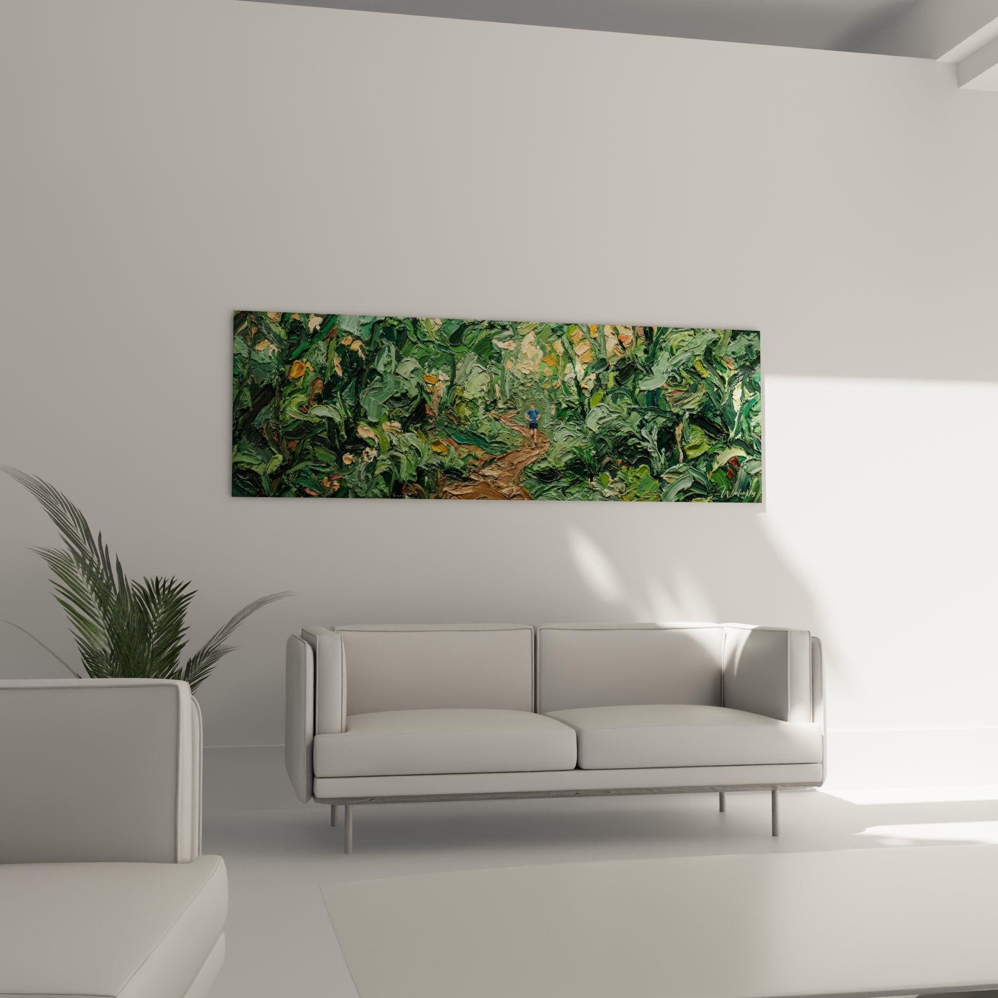 Dettaglio texture pittura trail running con impasti vegetazione verde e sentiero terroso