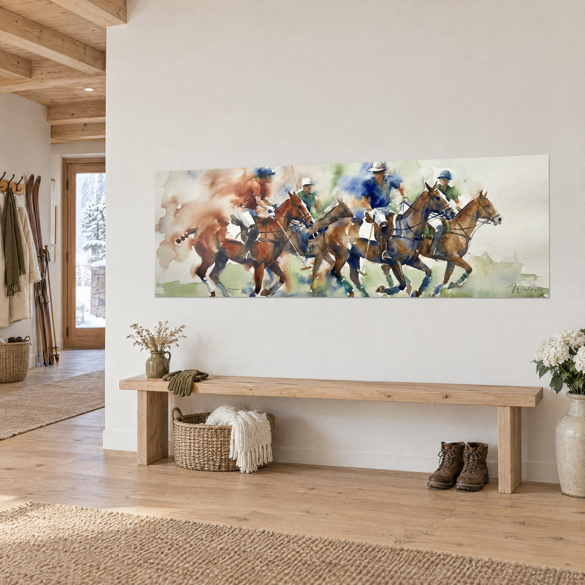 Tableau match de polo en aquarelle, quatre poneys bruns lancés au galop, taches ocre et vert tendre, sur un mur de chalet