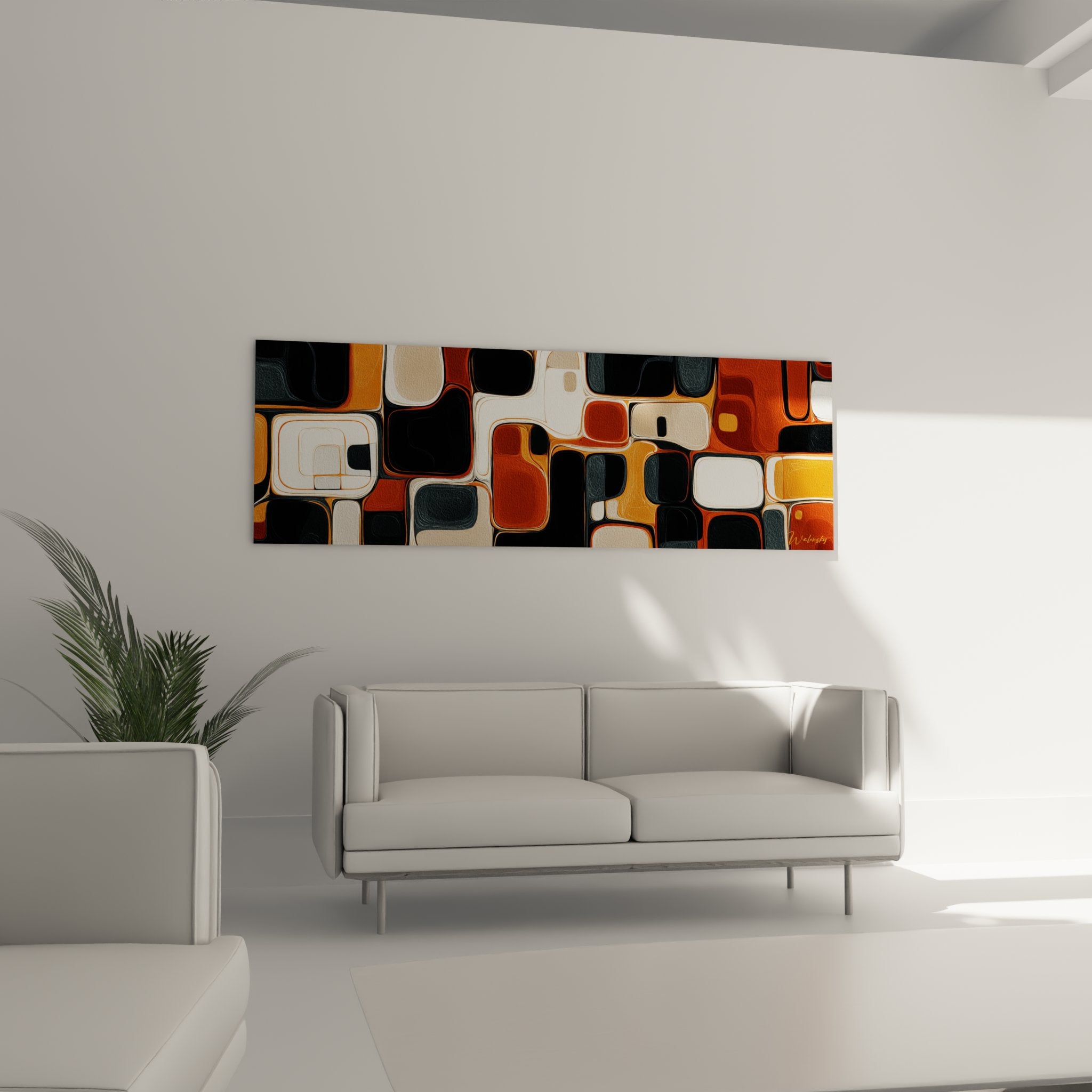 Close-up detail of colorful geometric shapes in the modern abstract African mosaic wall art