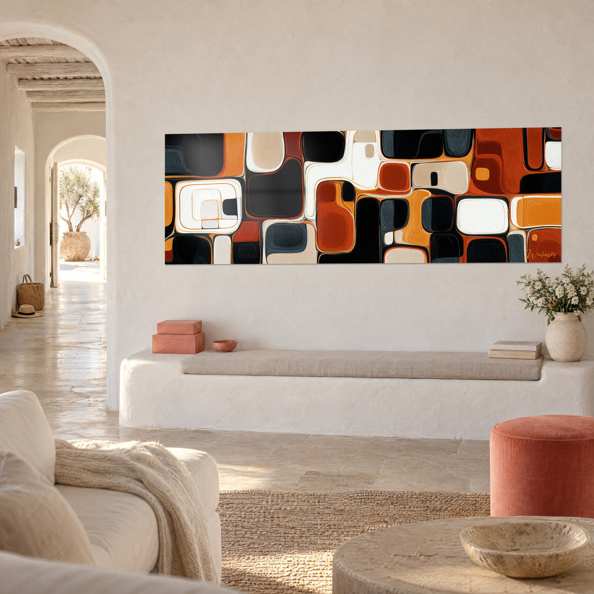 Wall art abstract composition of black, rust and cream blocks, three-quarter view, white banquette and vaulted arch
