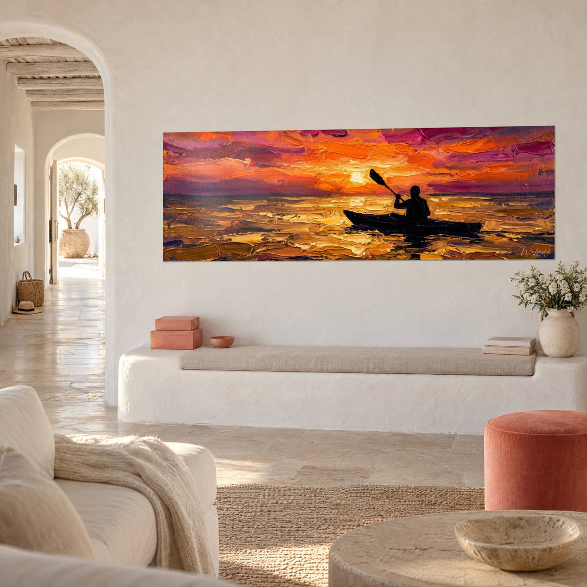 Wall art of a black paddler gliding under an orange sun, violet sky in palette-knife strokes, three-quarter view in the home