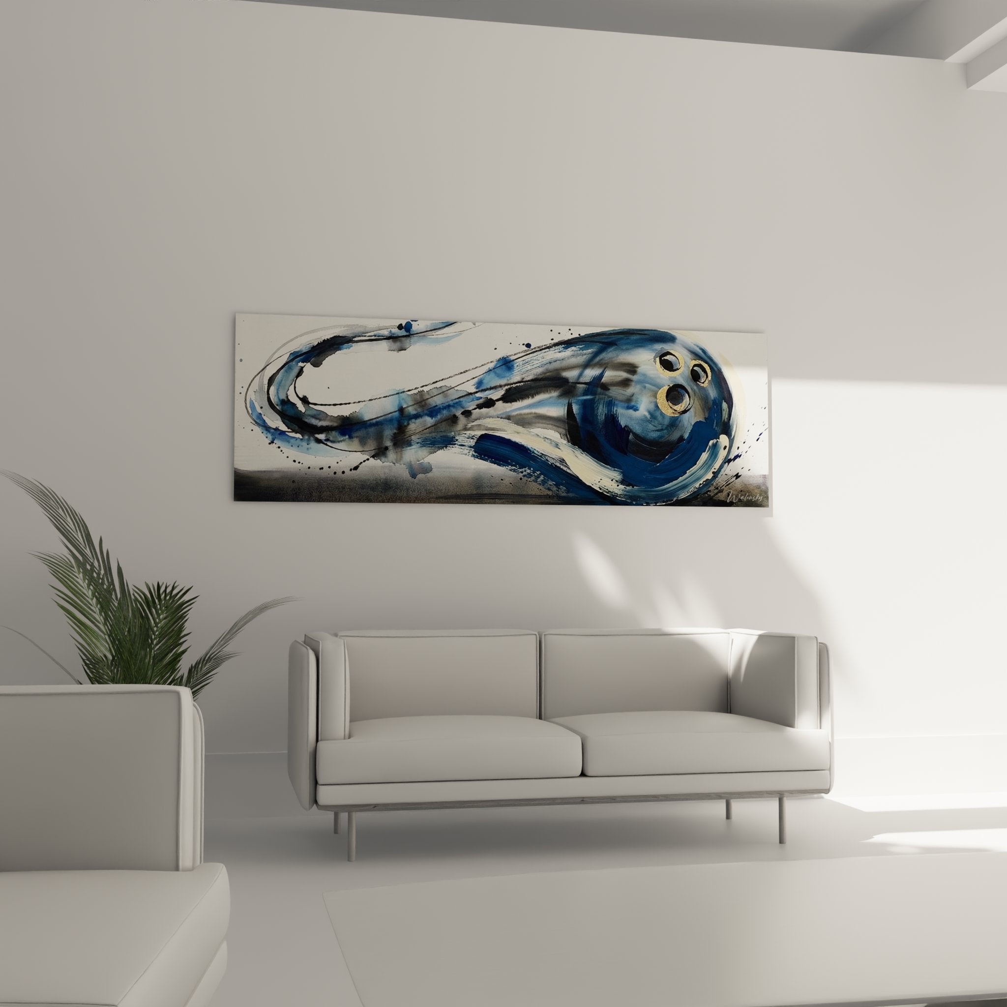 Close-up detail of the bowling artwork showing expressive brushstrokes and textures in blue and gold