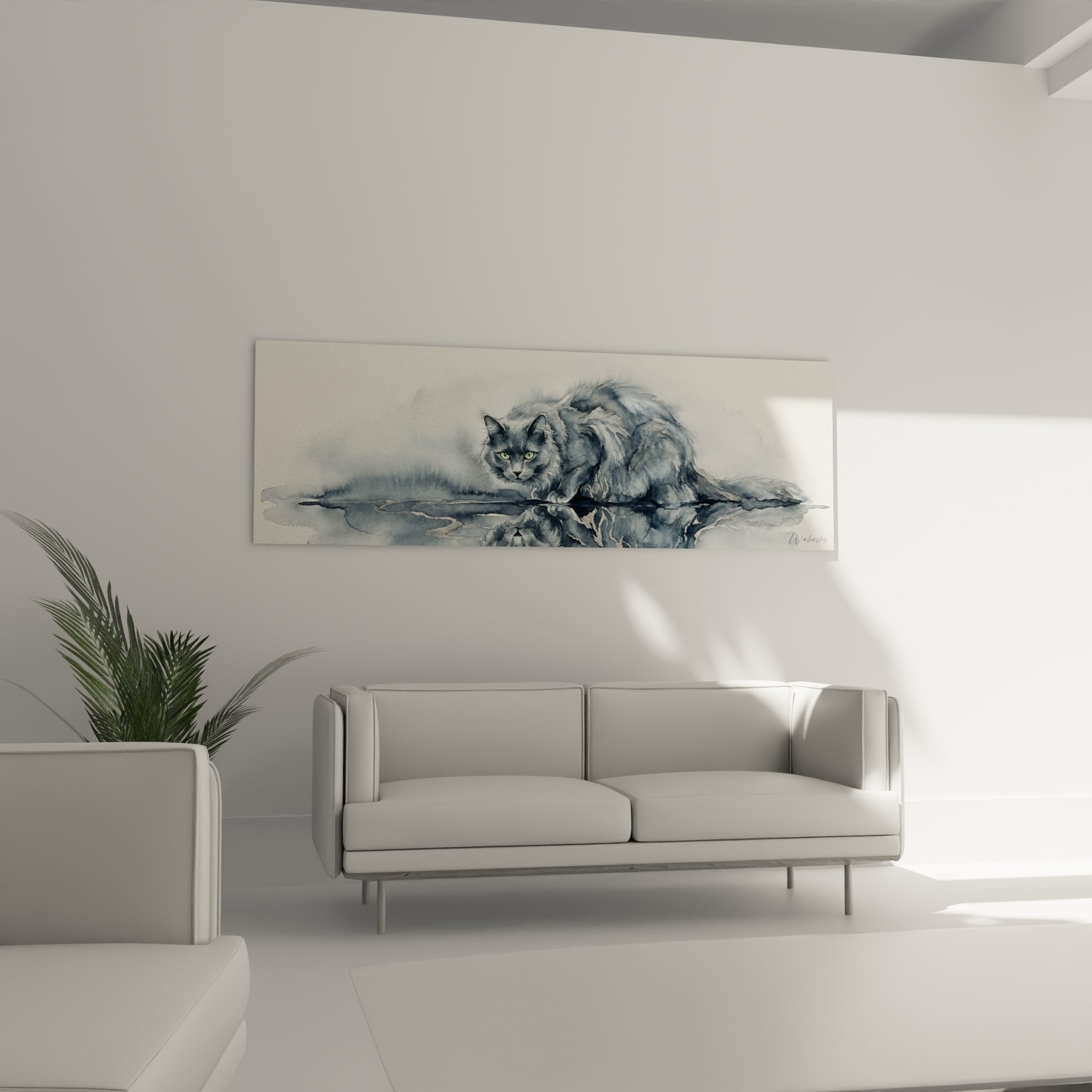 Dettaglio acquerello gatto Nebelung pelo grigio argentato occhi penetranti tecnica artistica raffinata