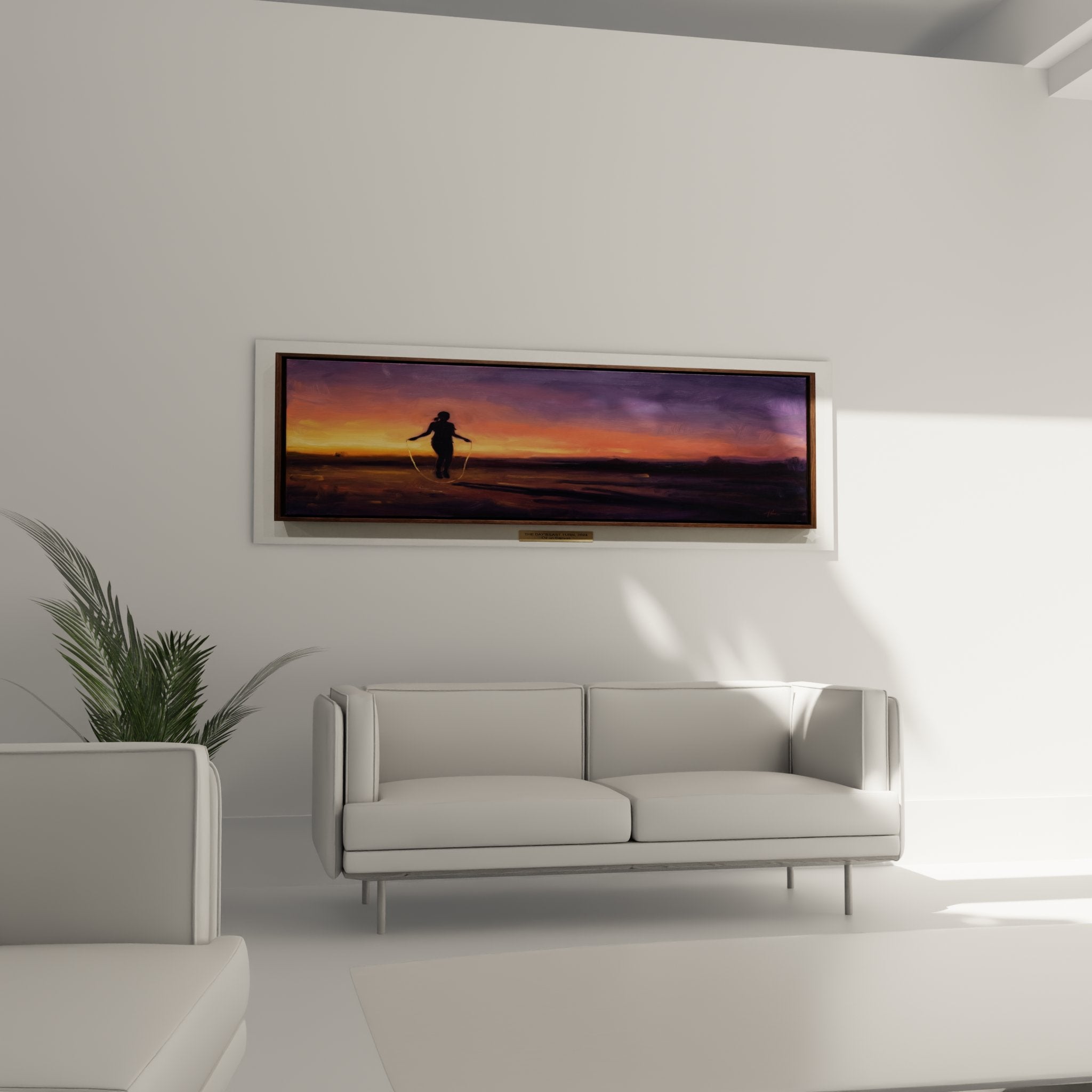 Detail tableau art mural silhouette sportive corde sauter ciel crepusculaire couleurs chaudes orange jaune rose