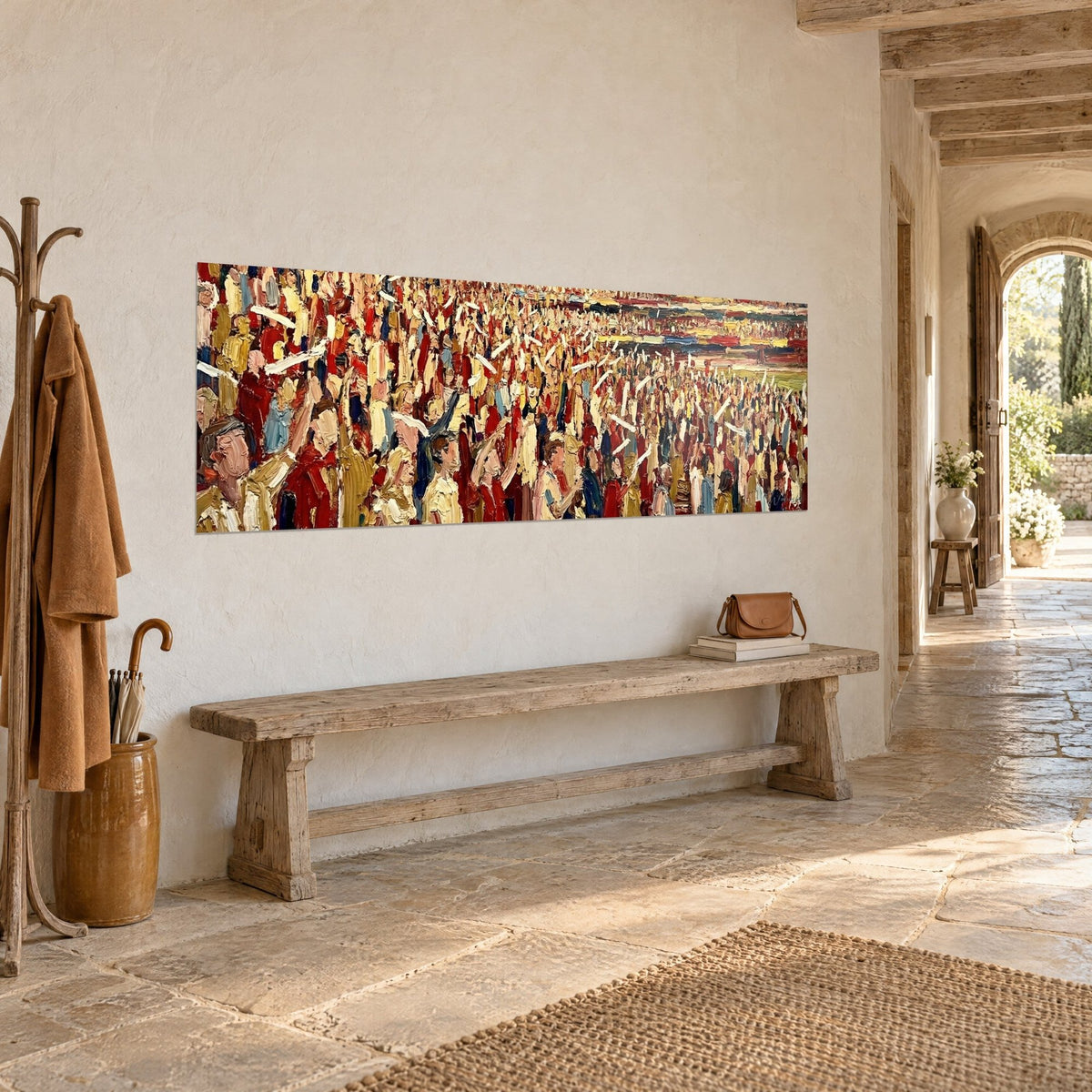 Wall art packed stands with raised hands, thick bordeaux and straw yellow brushstrokes, on a stone wall beside a wooden bench