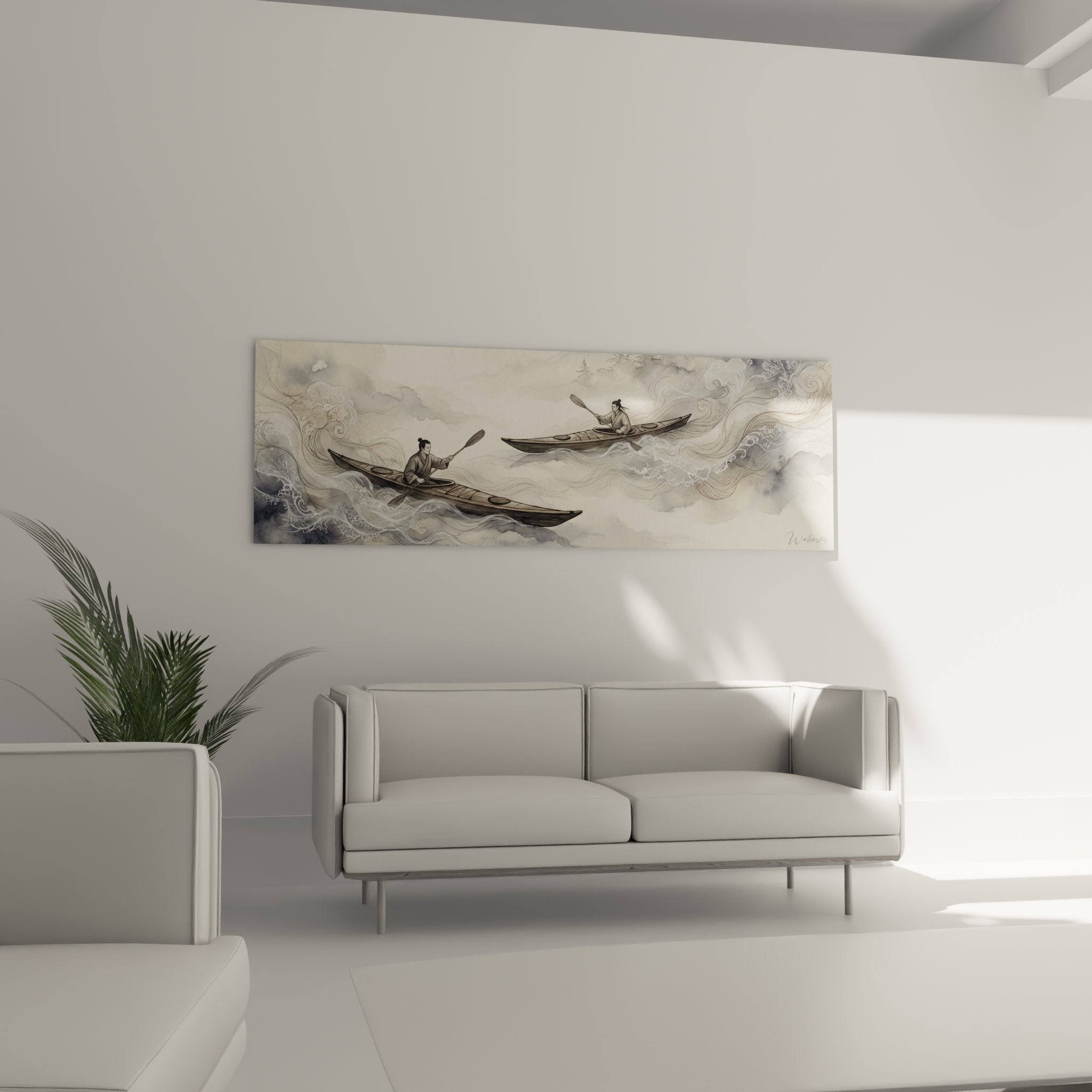 Detail du tableau kayak mystique montrant les embarcations traditionnelles dans les volutes de nuages