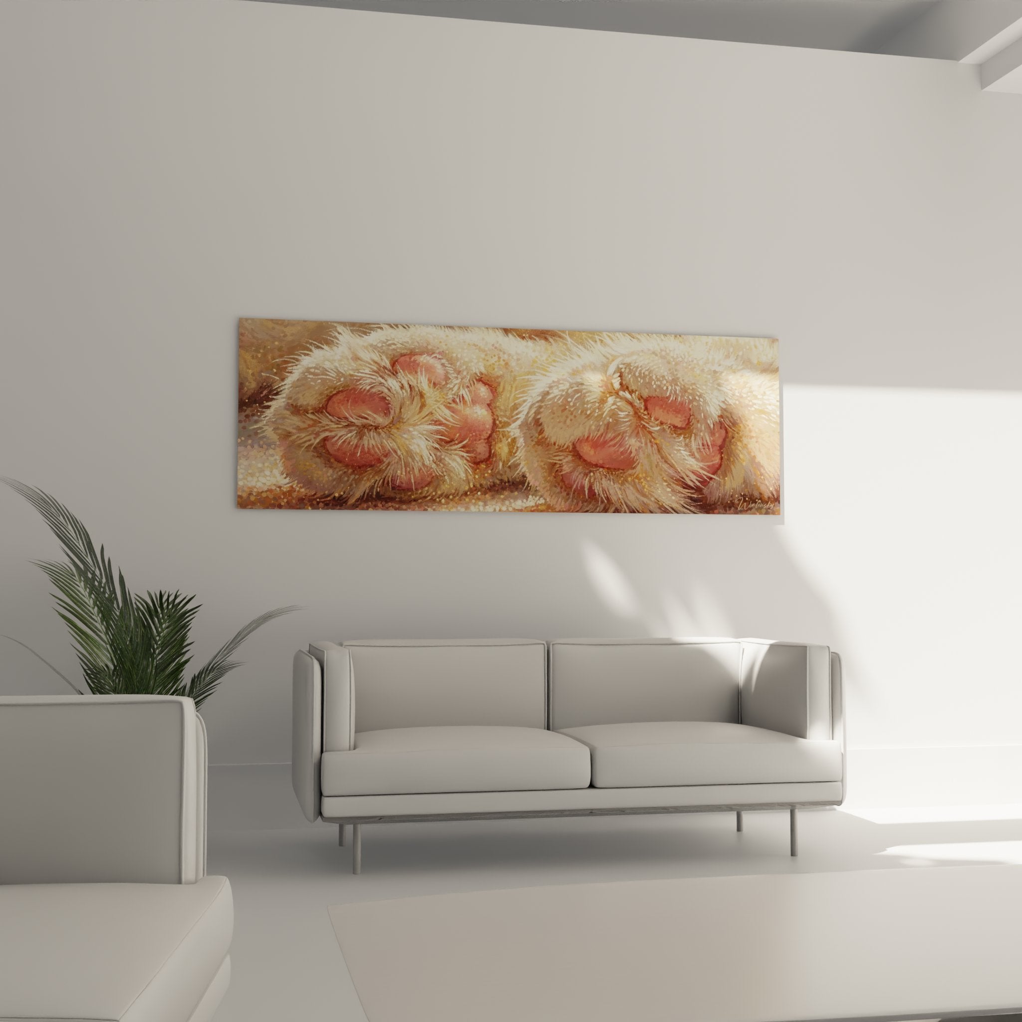 Close-up of artistic details on pink cushions and golden fur of the Ragamuffin cat wall art