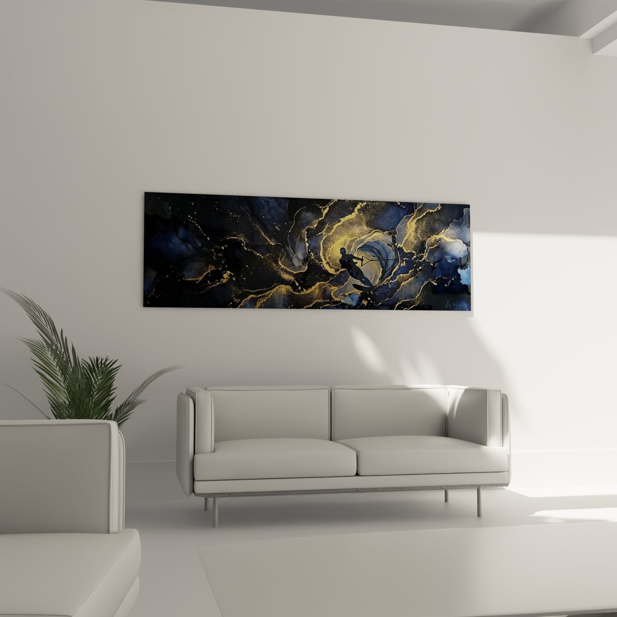 Dettaglio delle texture fluide e venature dorate del quadro astratto marino nei toni blu profondo