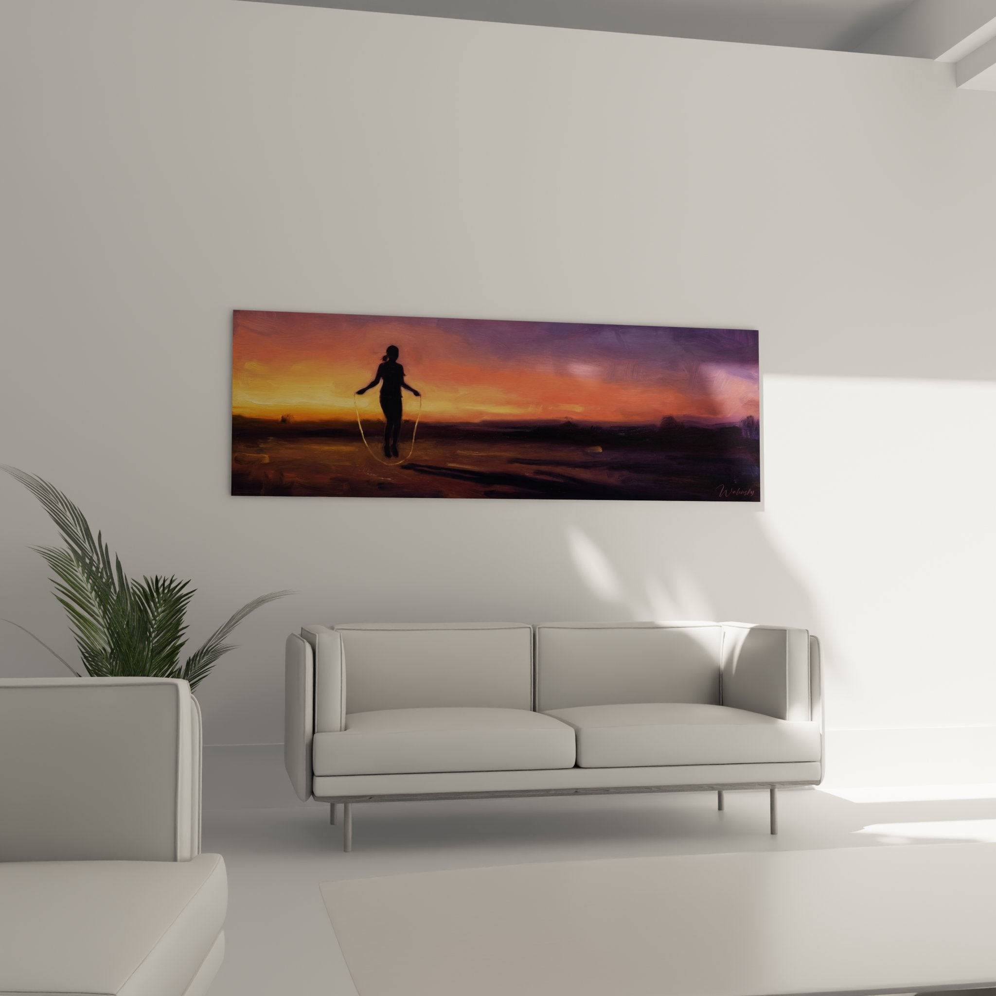 Detail Gemälde Silhouette Springseil Sonnenuntergang Maltechnik farbige Farbverläufe