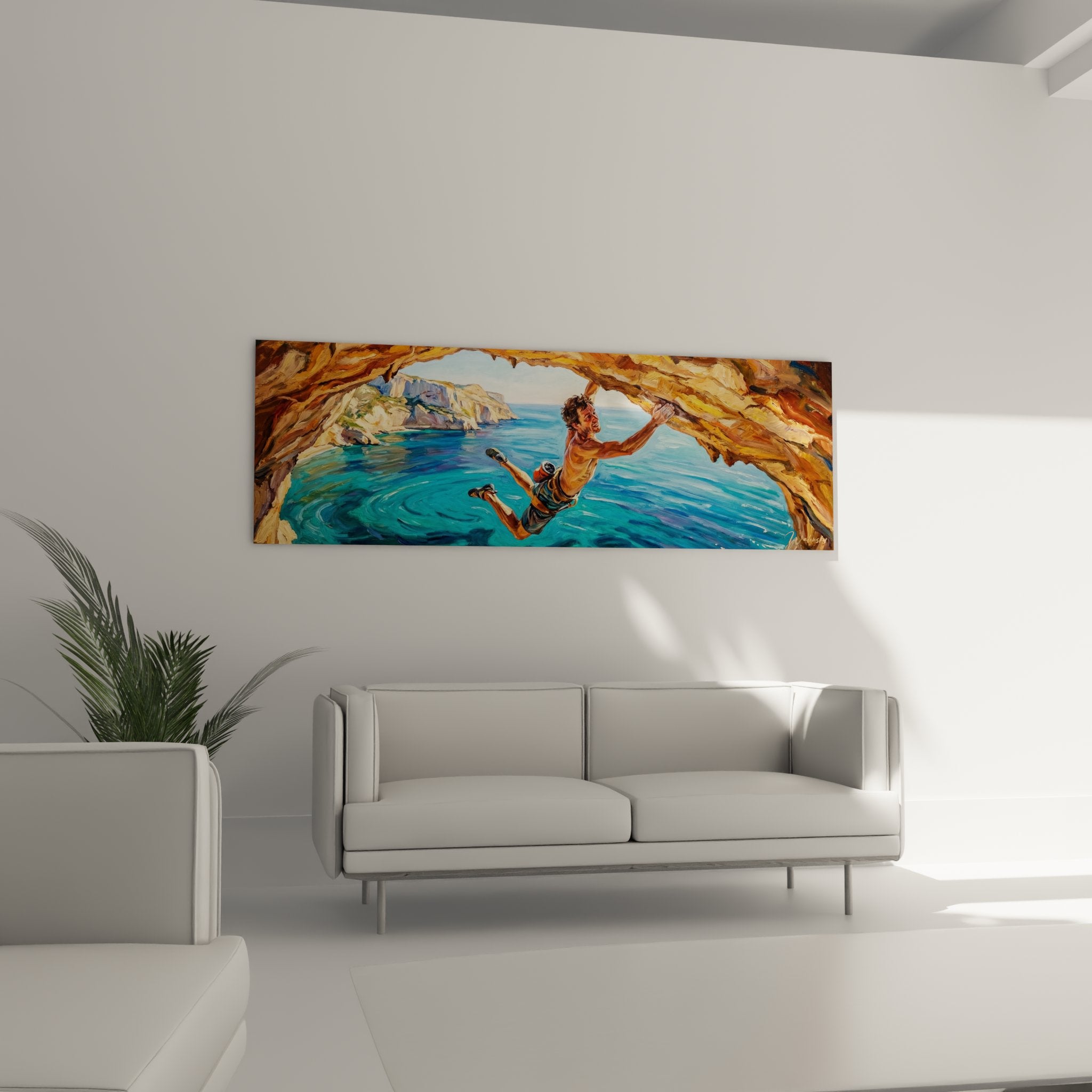 Detail tableau escalade falaise maritime focus sur grimpeur suspendu et texture roche calcaire ocre doree