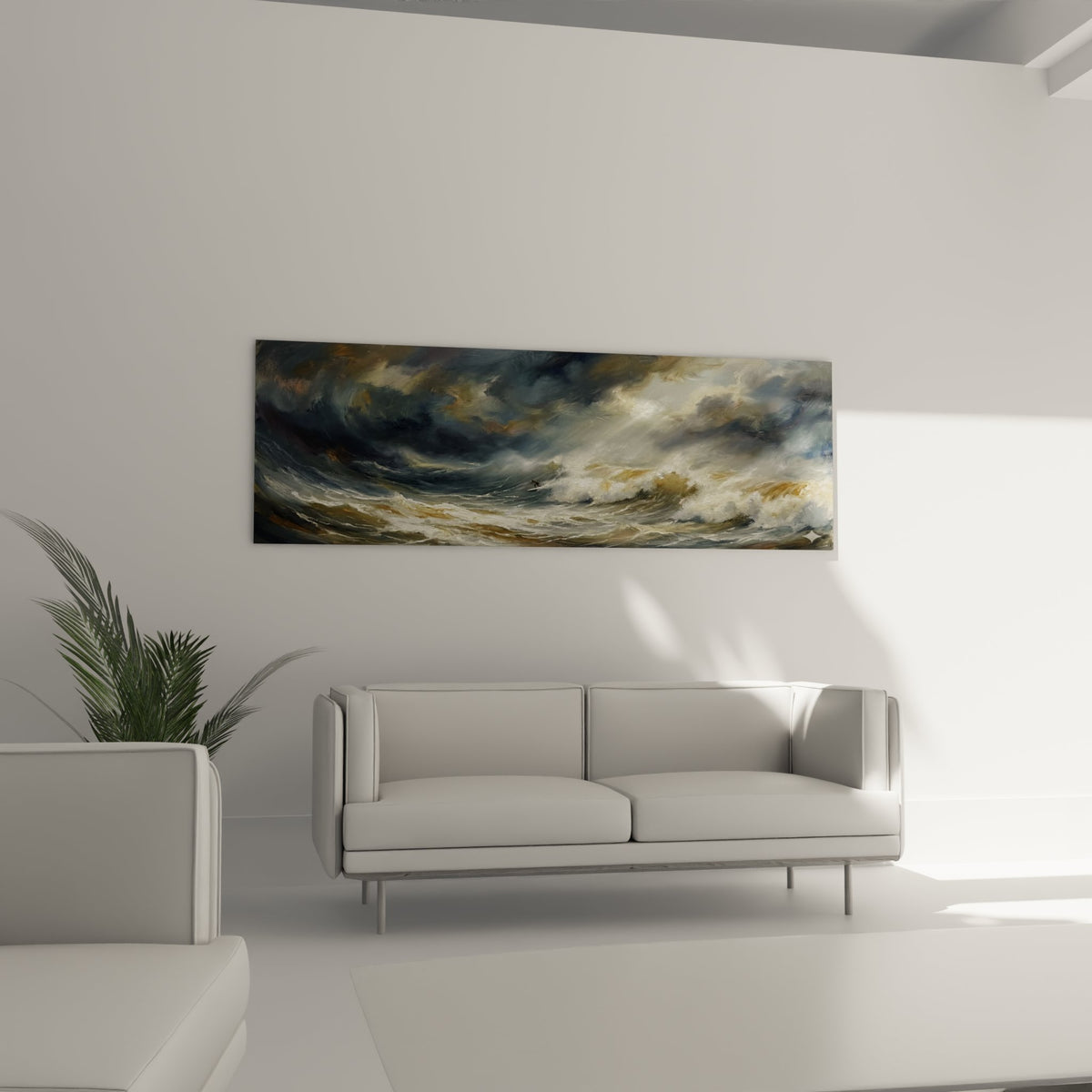 Détail rapproché tableau vagues écumantes, peinture maritime texturée aux nuances grises et dorées