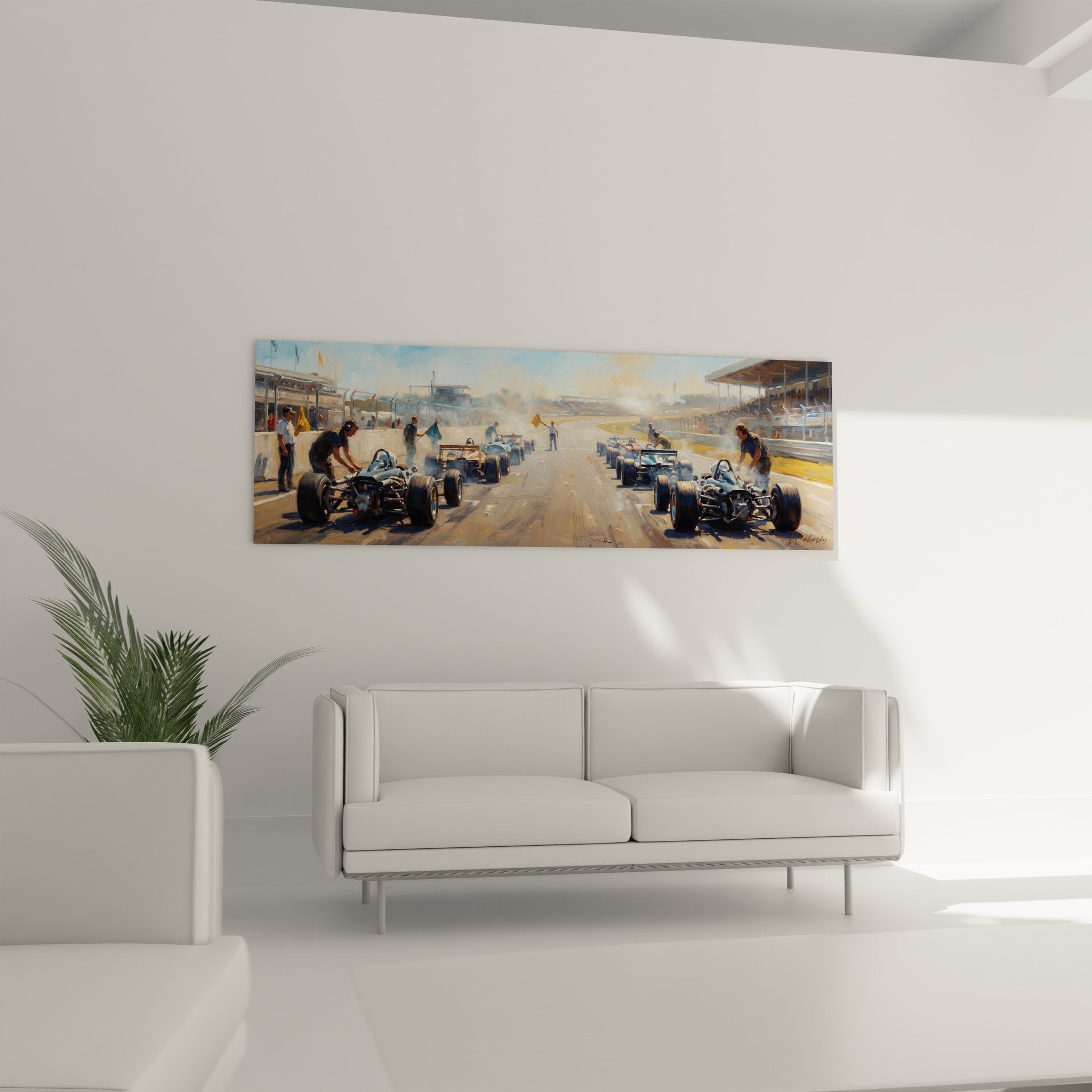 Détail tableau F1 paddock vintage avec monoplaces colorées et mécaniciens en action sur circuit