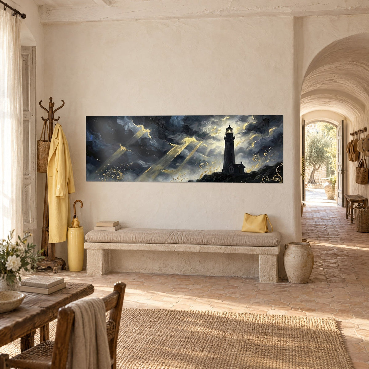 Schilderij donkere seintoren onder inktzwarte wolken, gouden lichtstralen op een witgekalkte muur, driekwartzicht