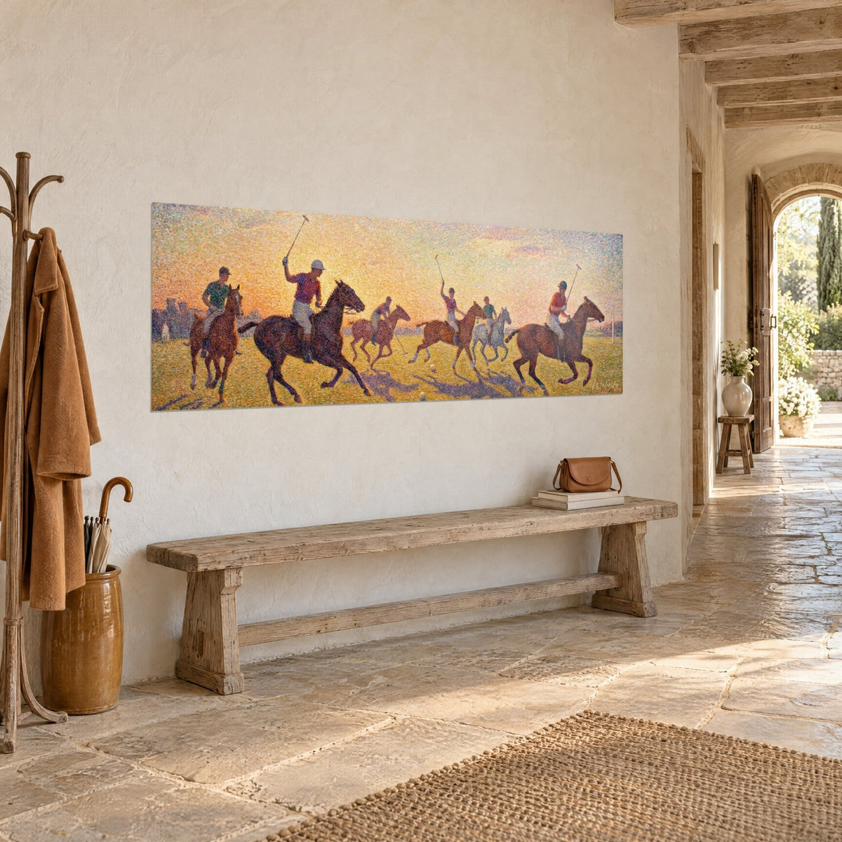 Wall art riders swinging their mallets over a green meadow, golden and pink sky, facing a stone bench in the entrance hall