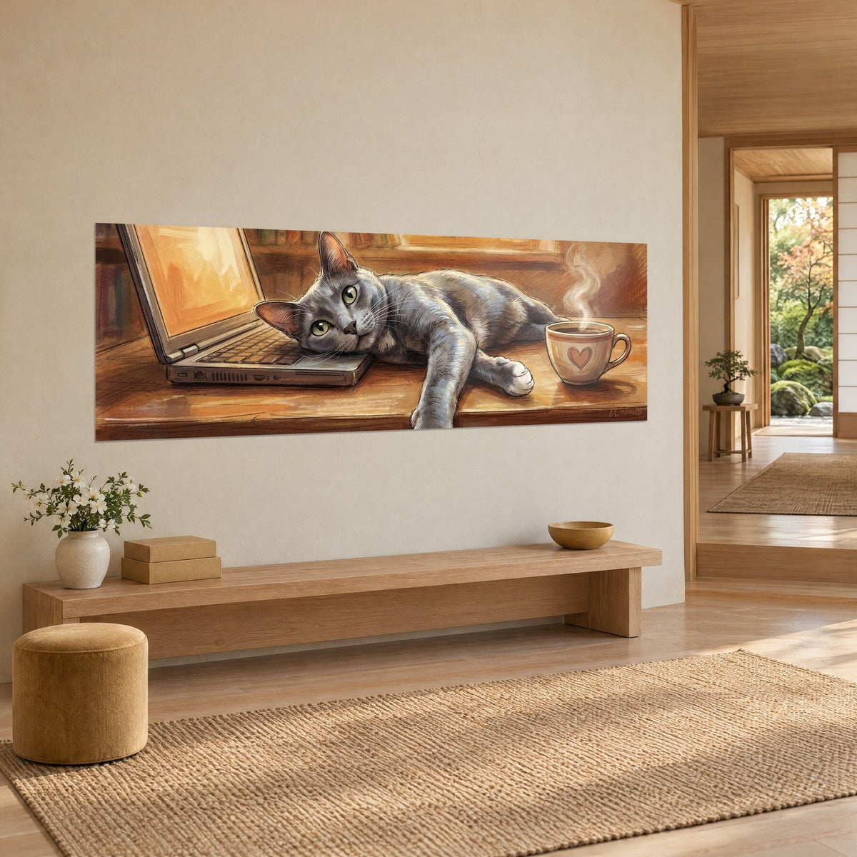 Schilderij zilverkleurige kat met groene ogen, witte poot hangend over de rand van een bruine tafel, oranje gloed, japandi-hal in licht hout