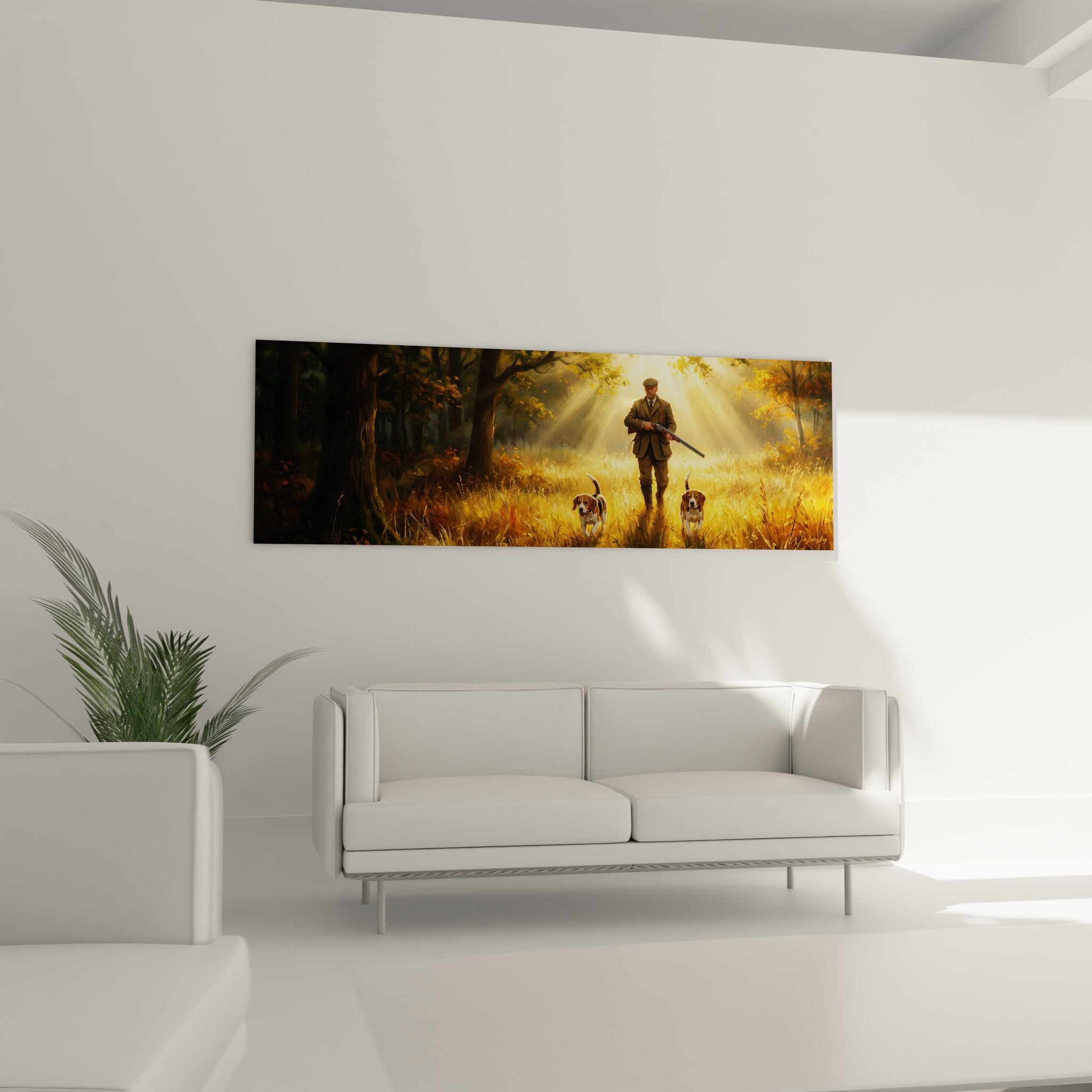 Détail tableau chasseur avec chiens dans clairière dorée, peinture art cynégétique