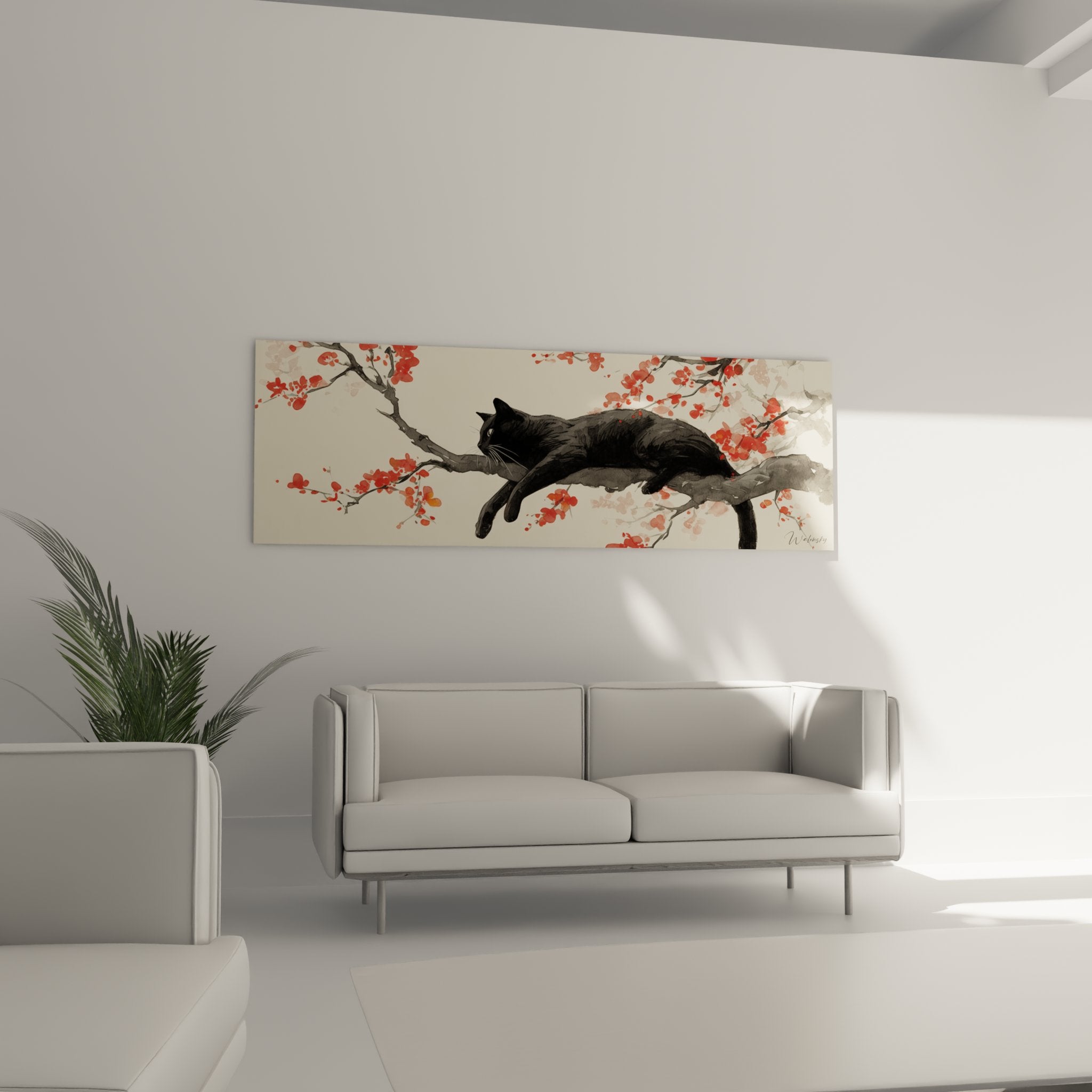 Detail tableau chat noir pelage texture fleurs cerisier roses branches style peinture japonaise artistique