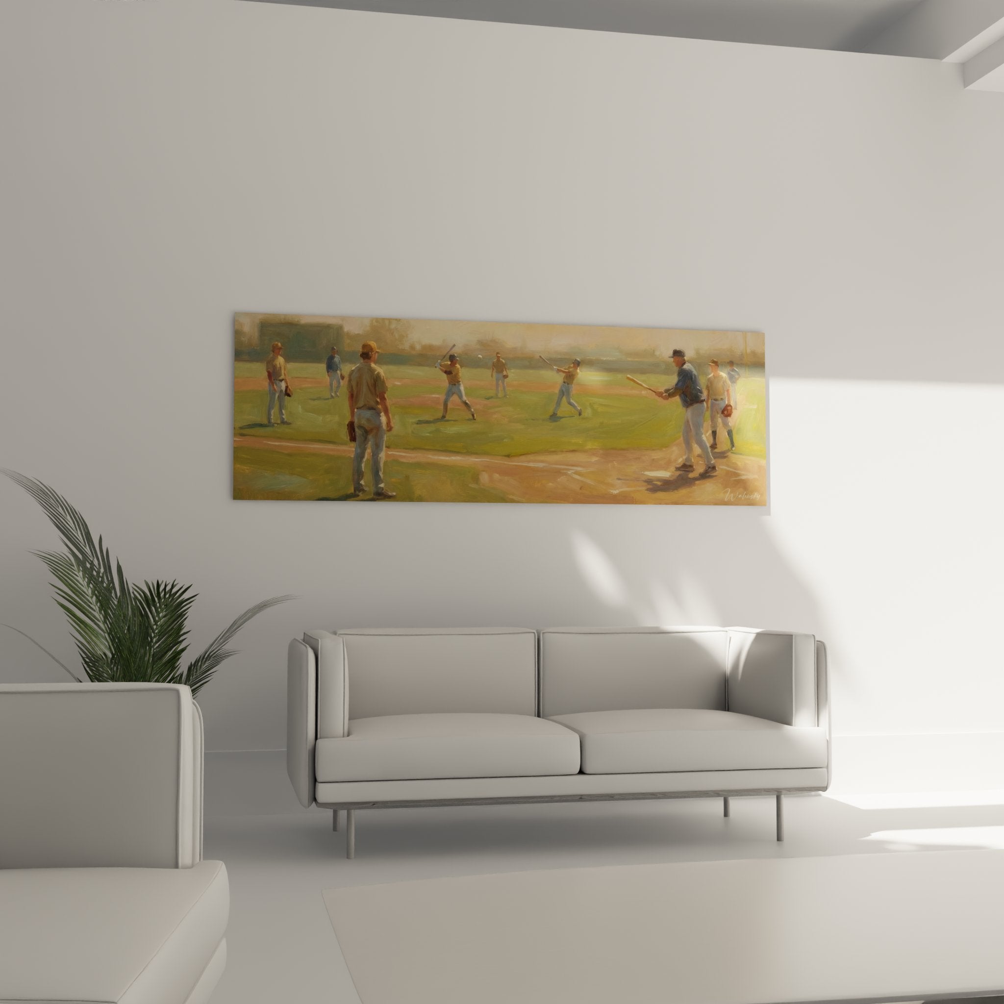 Détail tableau baseball montrant technique peinture et couleurs chaudes, art sportif qualité