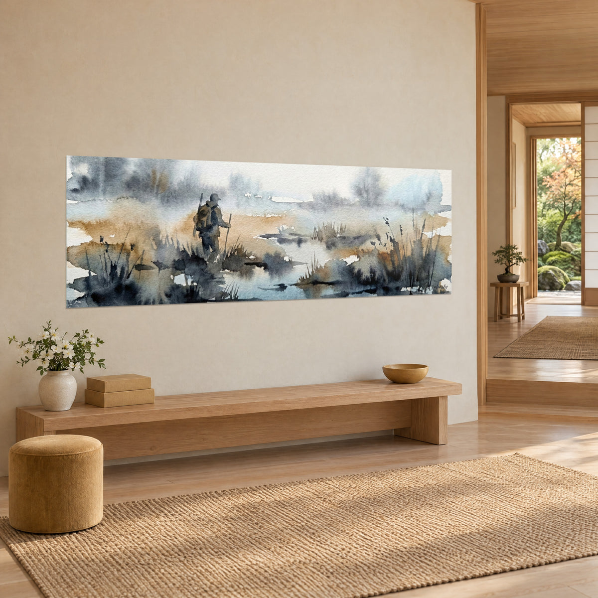 Tableau silhouette d'homme à la canne dans les roseaux, aquarelle ocre et gris bleuté, sur un mur beige d'entrée japandi